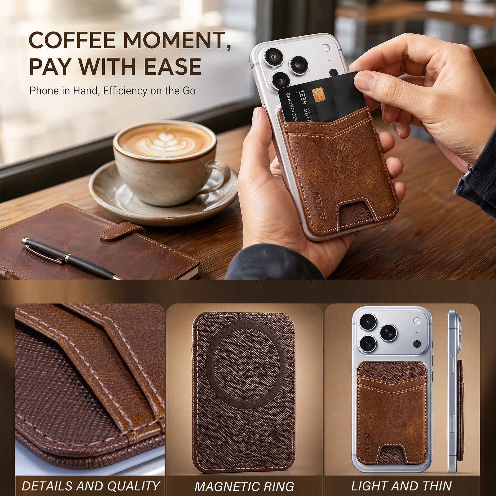 SUTENI S7YL Mobile Phone Magnet Pocket Lightweight Card Holder Storage Push Card Hole RFID Anti-skimming Luxury Faux Leather Bag Wallet