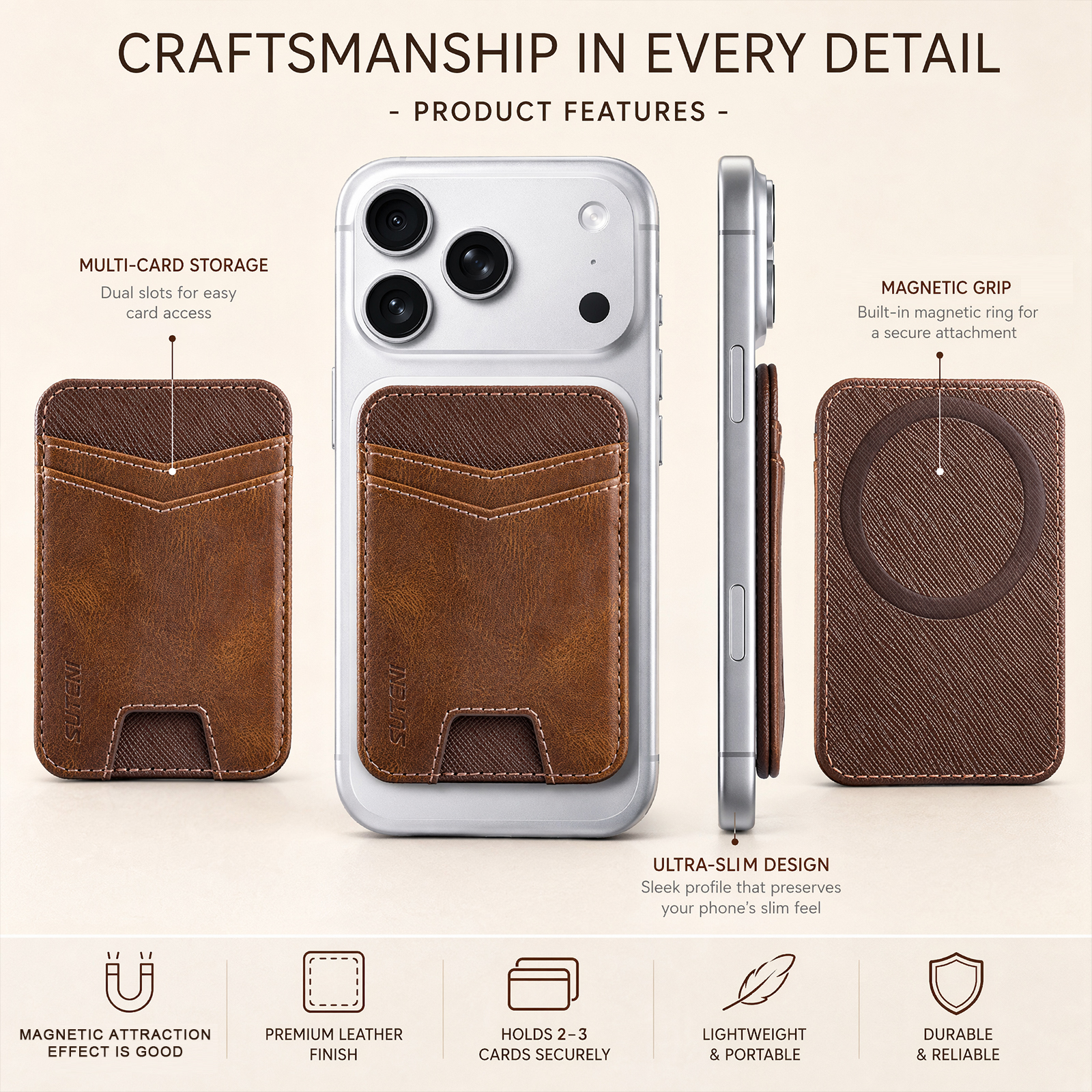 SUTENI S7YL Mobile Phone Magnet Pocket Lightweight Card Holder Storage Push Card Hole RFID Anti-skimming Luxury Faux Leather Bag Wallet