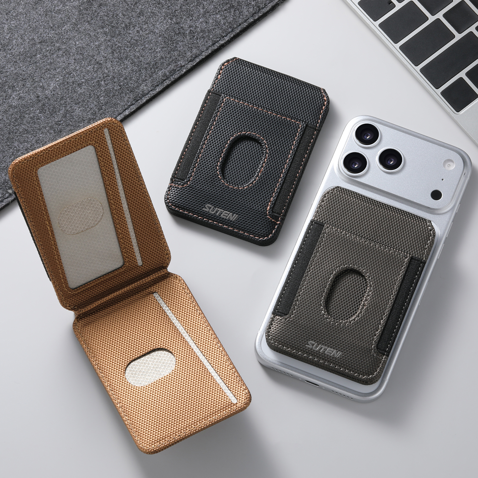 SUTENI S6 Mobile Phone Stand Magnet Flip Pocket Card Holder Storage Multi-angle Support Can Fixed Metal Shaft RFID Luxury Faux Leather Bag Wallet