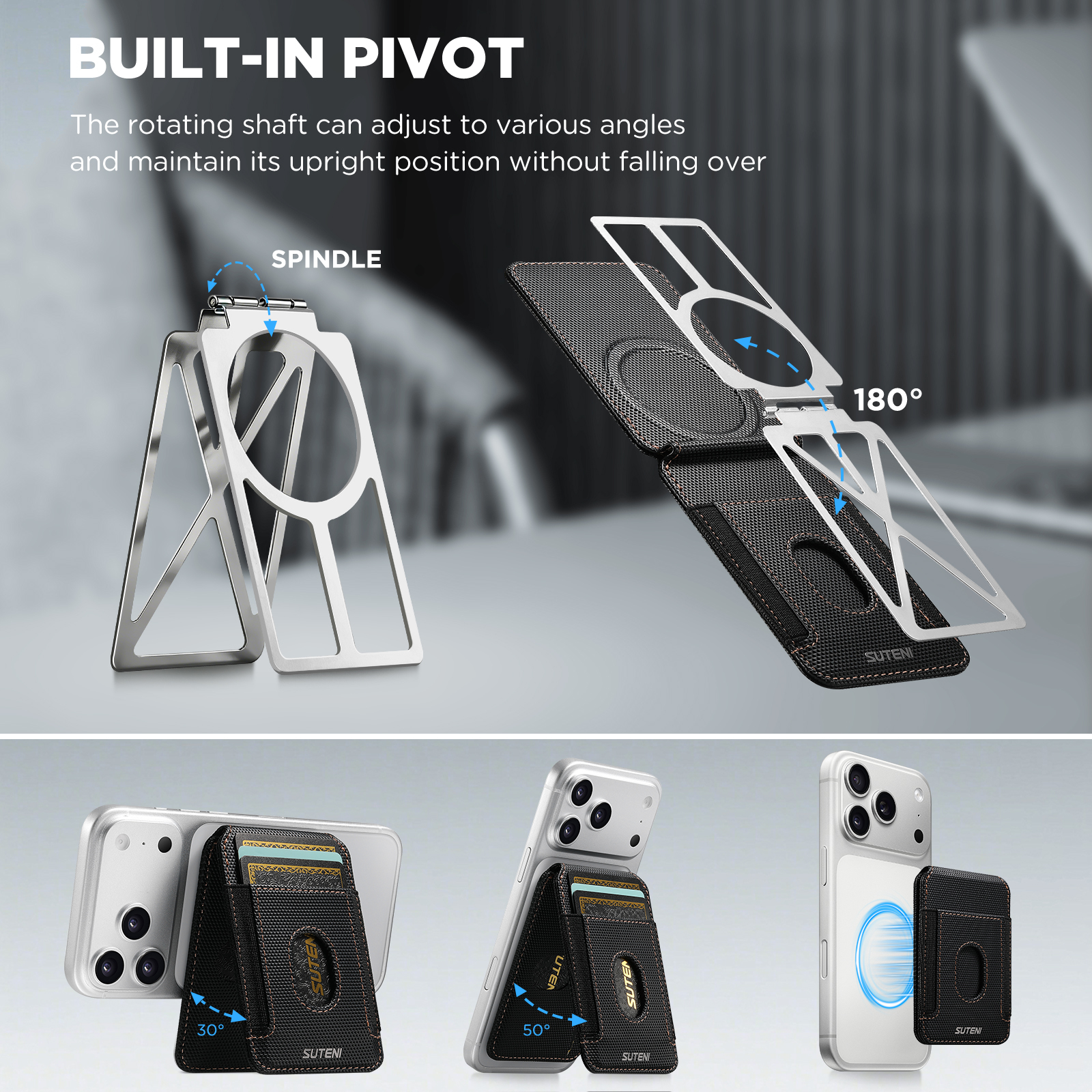 SUTENI S6 Mobile Phone Stand Magnet Flip Pocket Card Holder Storage Multi-angle Support Can Fixed Metal Shaft RFID Luxury Faux Leather Bag Wallet