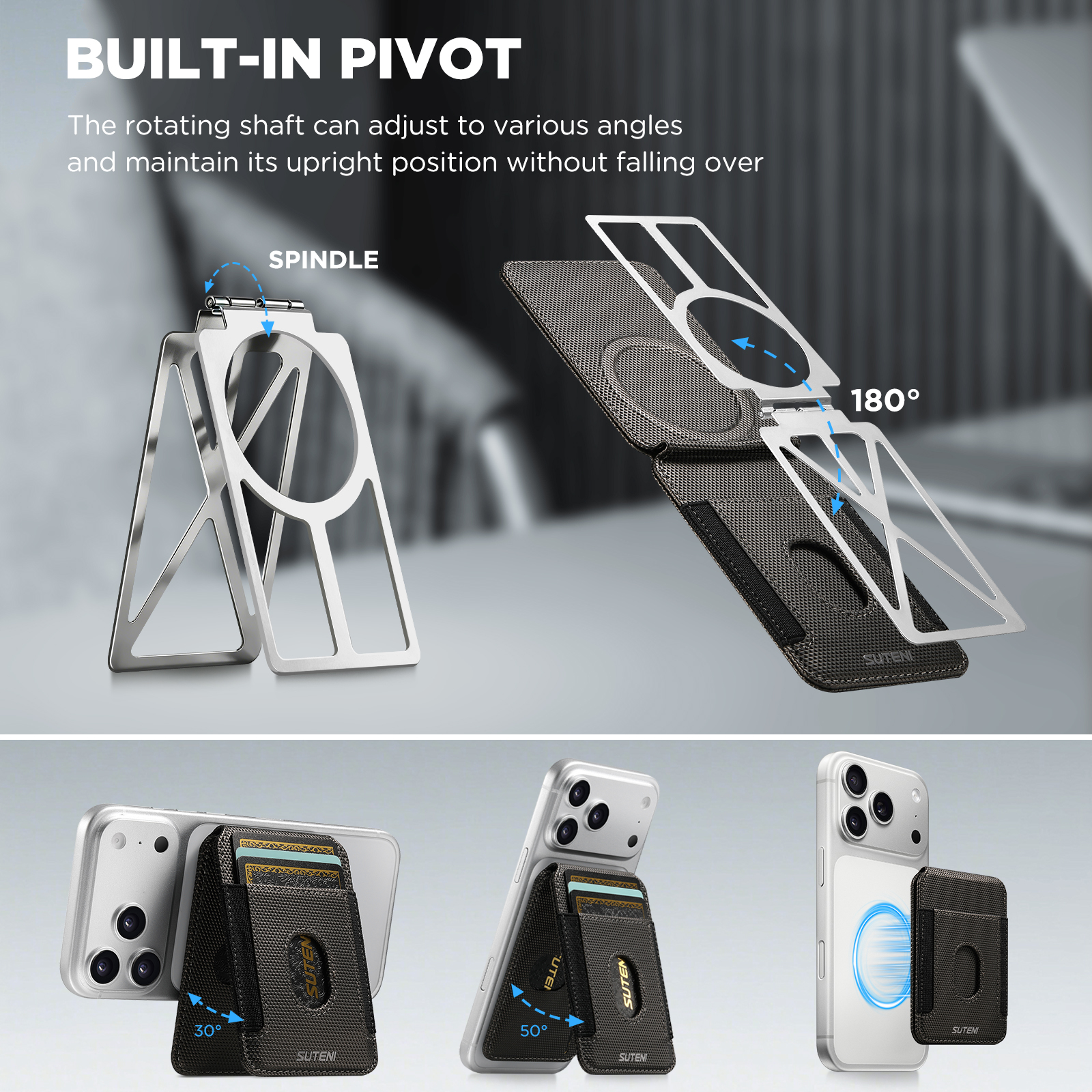 SUTENI S6 Mobile Phone Stand Magnet Flip Pocket Card Holder Storage Multi-angle Support Can Fixed Metal Shaft RFID Luxury Faux Leather Bag Wallet