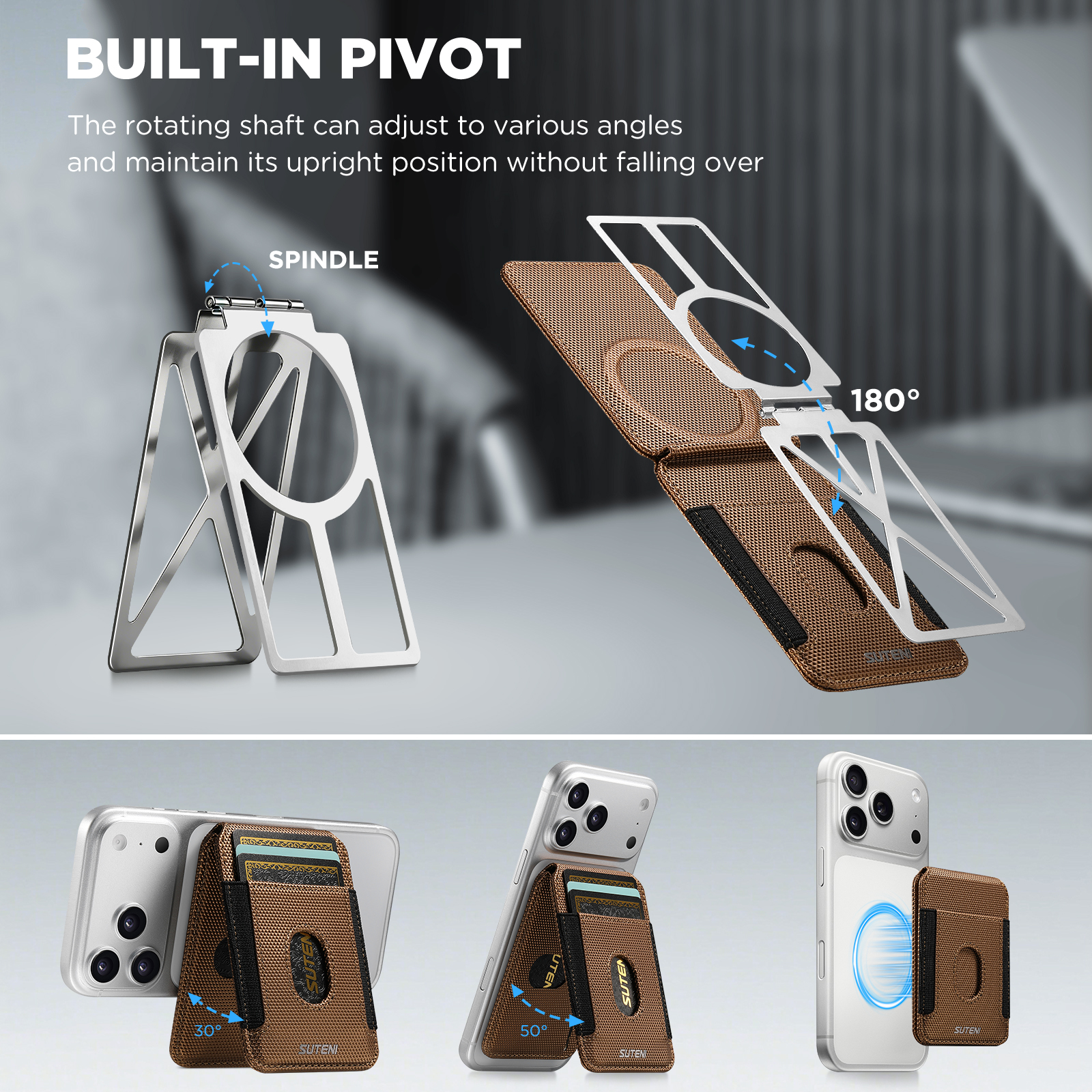 SUTENI S6 Mobile Phone Stand Magnet Flip Pocket Card Holder Storage Multi-angle Support Can Fixed Metal Shaft RFID Luxury Faux Leather Bag Wallet