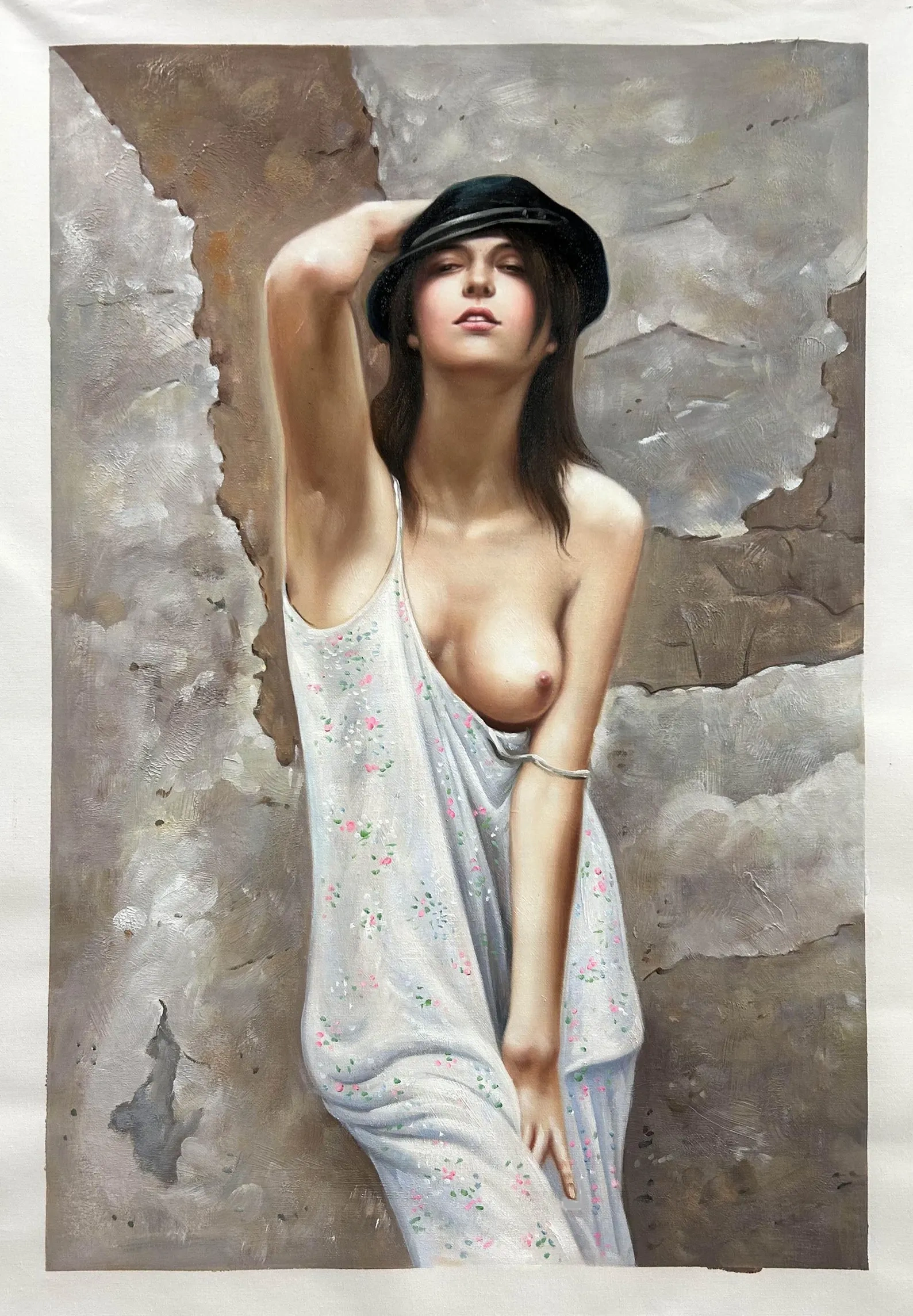 Hand-Painted Nude Female Portrait Oil Painting on Canvas | Woman with Hat Art Decoration Item No.201R
