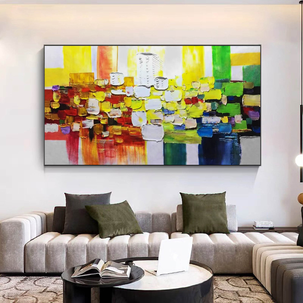 Hand-Painted Colorful Abstract Cityscape Oil Painting on Canvas – Modern Textured Wall Art 210AA