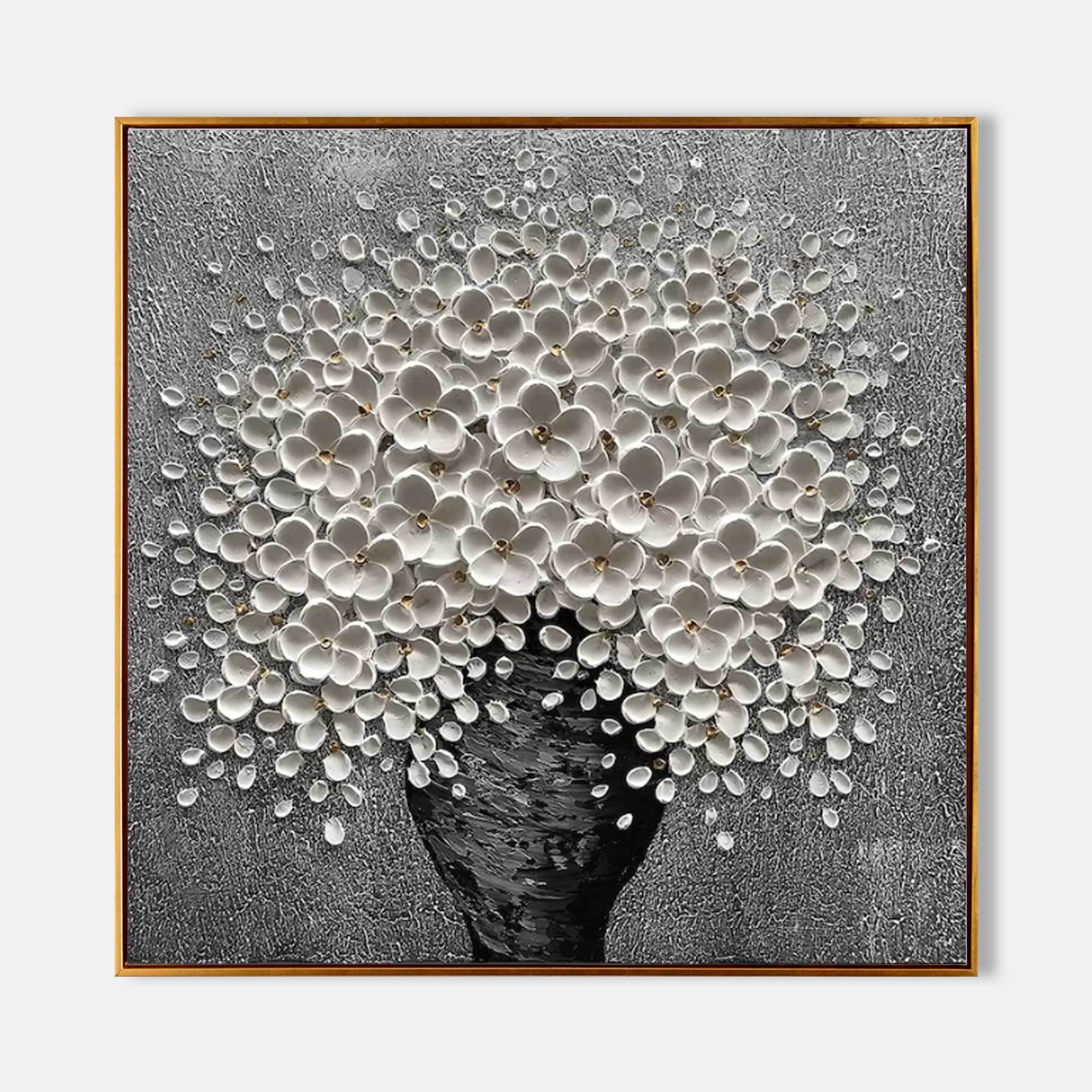 Hand-Painted White Flower Oil Painting on Canvas – Textured Modern Floral Wall Art 212AA