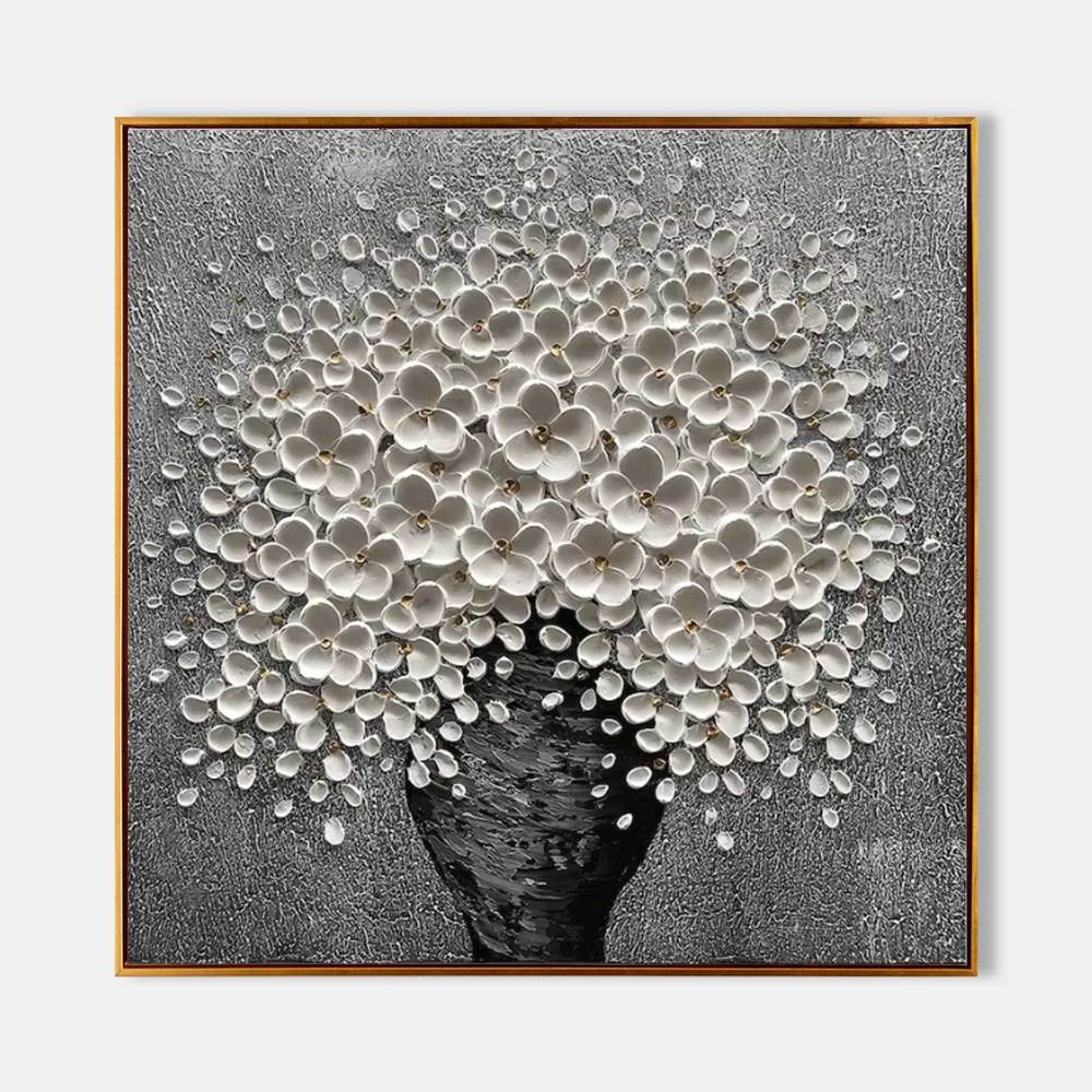 Hand-Painted White Flower Oil Painting on Canvas – Textured Modern Floral Wall Art 212AA