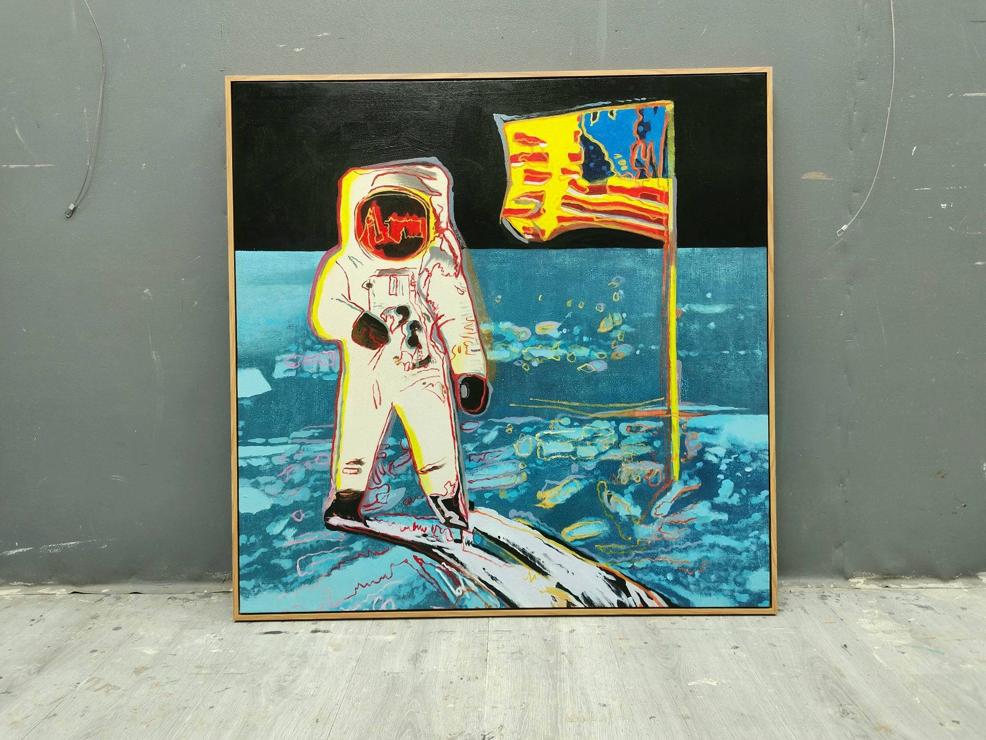 Andy Warhol Moonwalk Oil Painting on Canvas – Pop Art Astronaut & American Flag Wall Art 227BR