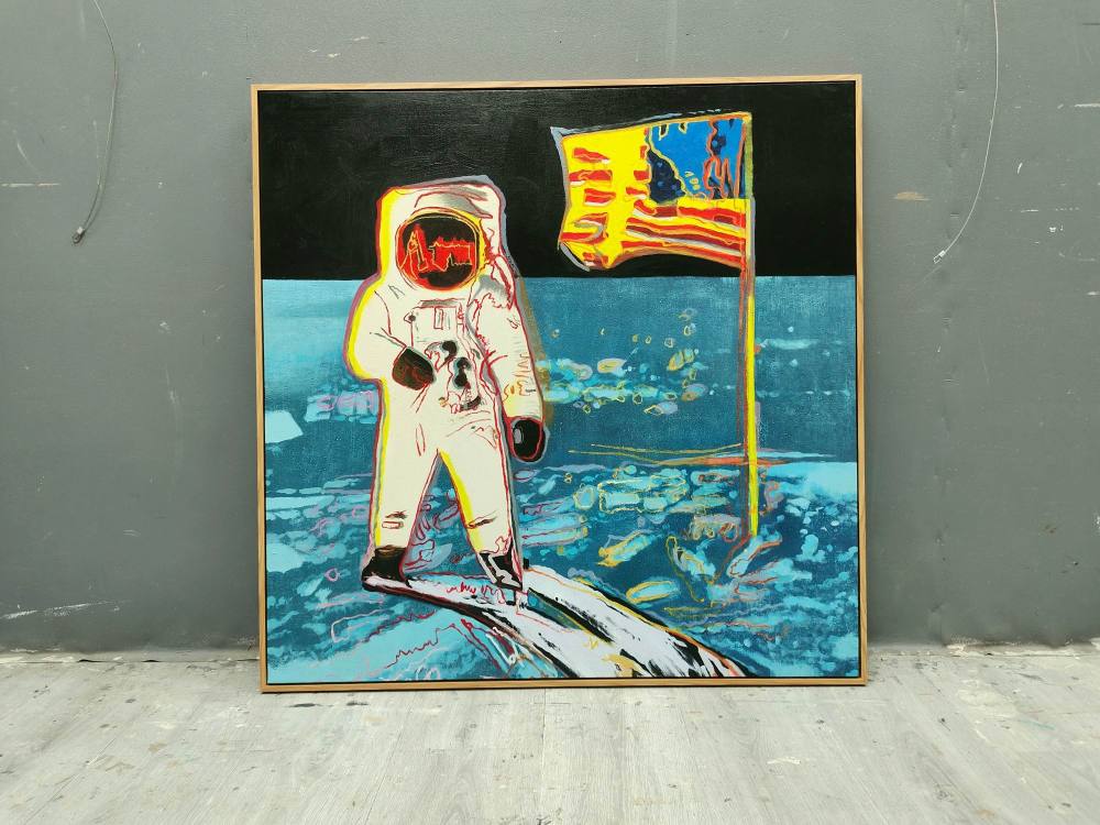 Andy Warhol Moonwalk Oil Painting on Canvas – Pop Art Astronaut & American Flag Wall Art 227BR