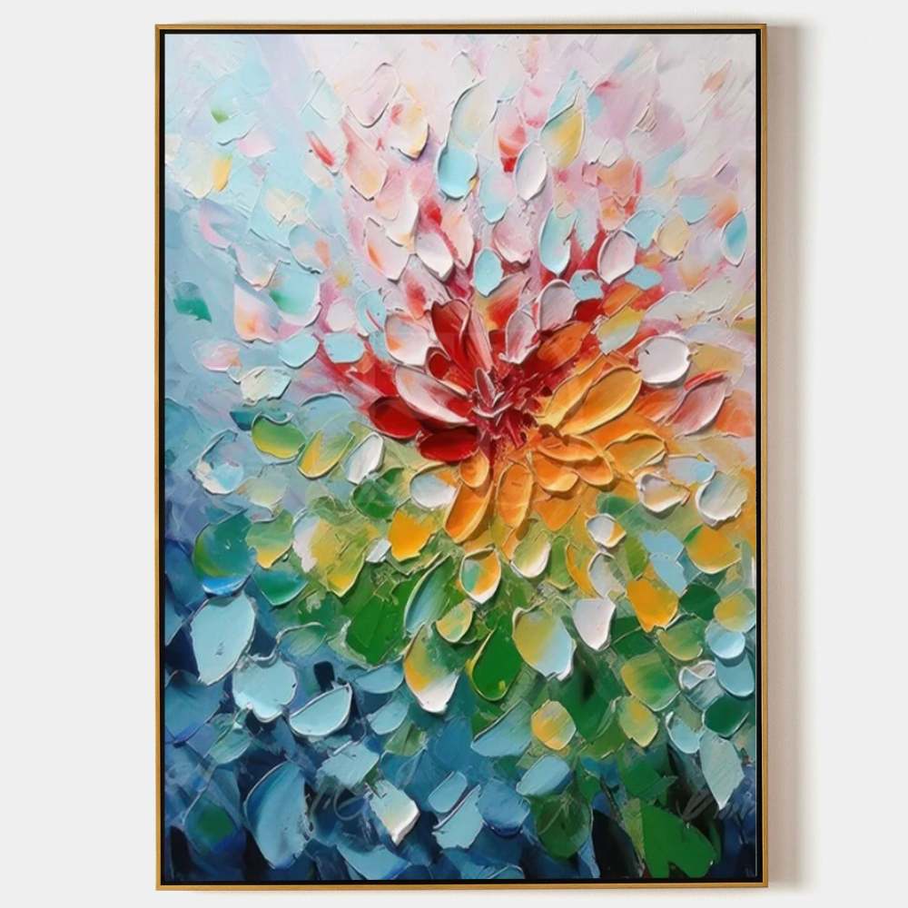 Hand-Painted Colorful Flower Oil Painting on Canvas – Textured Abstract Floral Wall Art 216AA