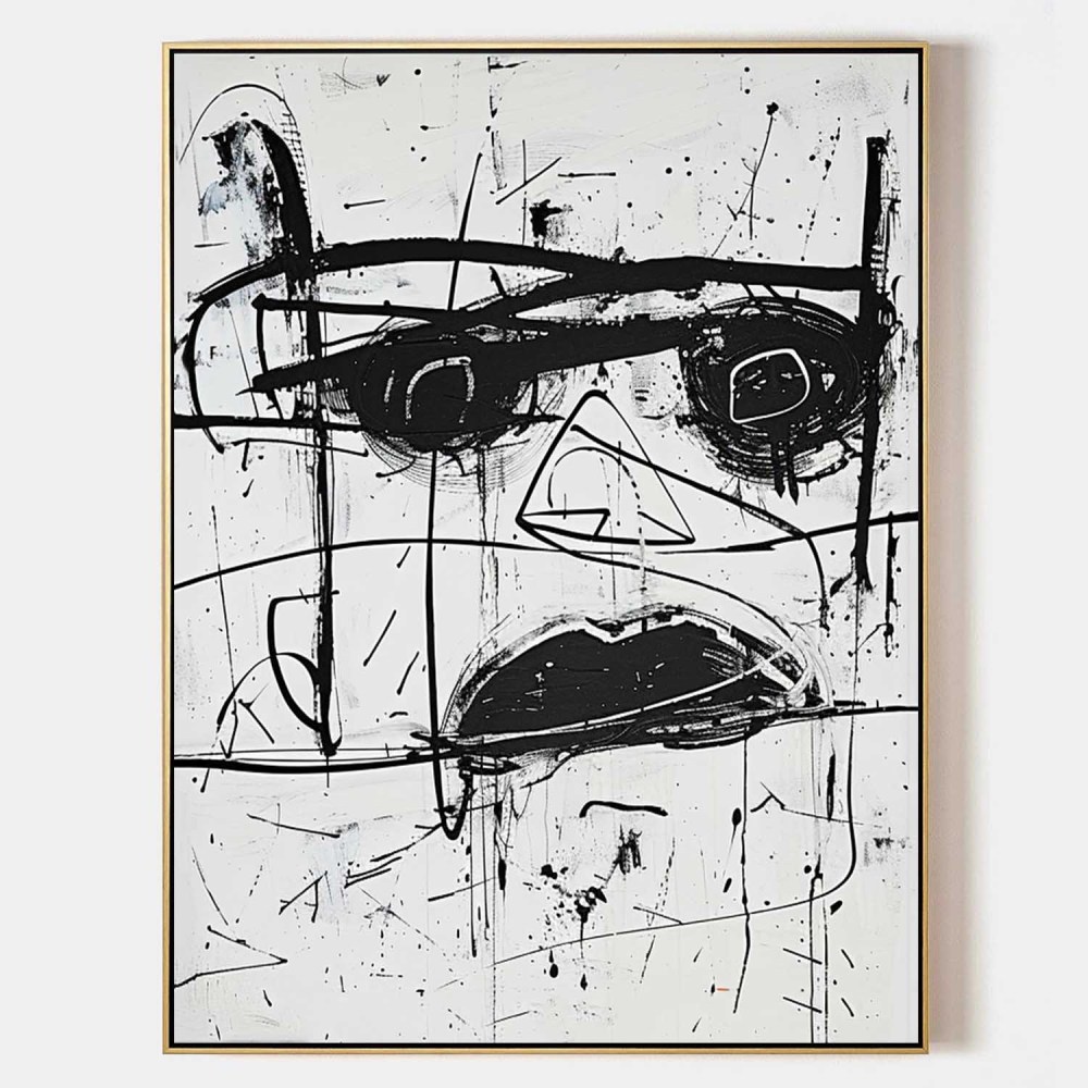 Hand-Painted Black and White Graffiti Portrait Oil Painting on Canvas – Abstract Expressionist Street Art 224AA