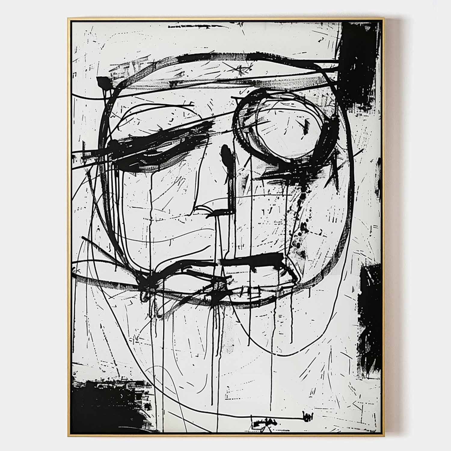 Hand-Painted Black and White Abstract Face Oil Painting on Canvas – Graffiti Expressionist Wall Art 222AA