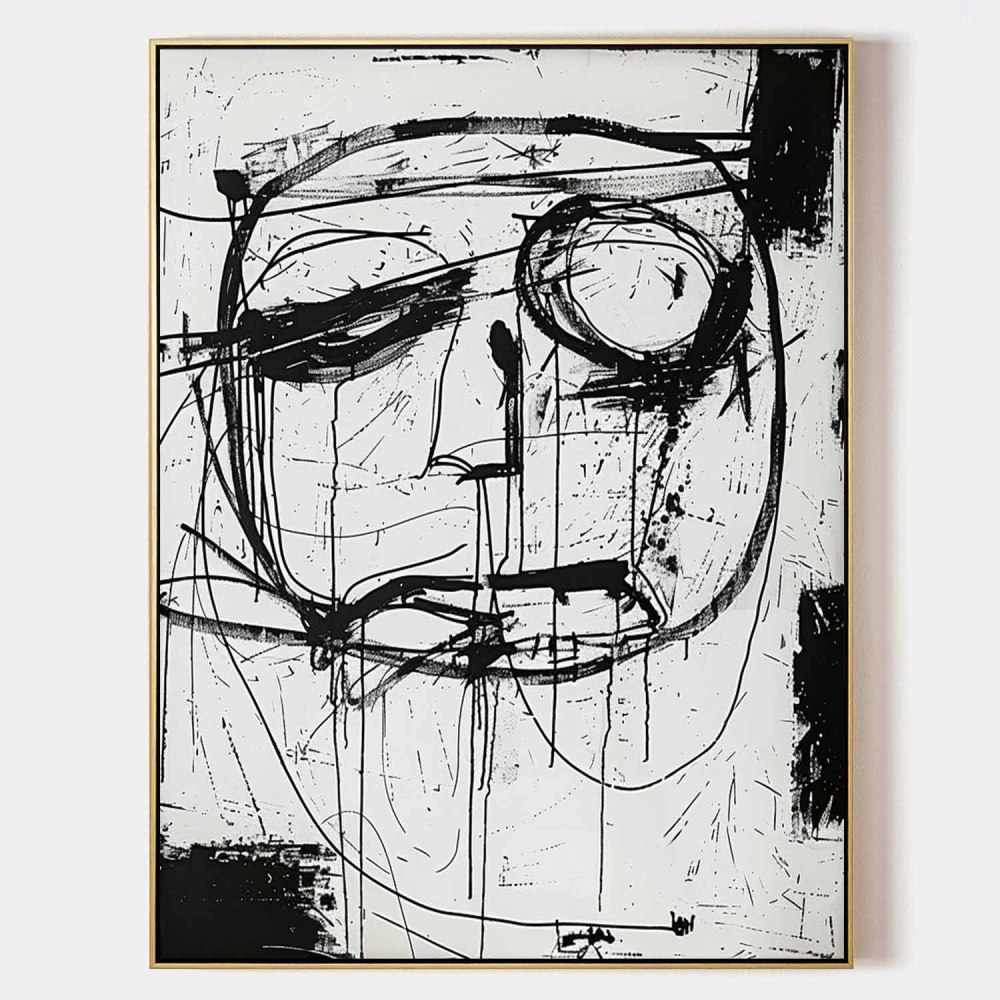 Hand-Painted Black and White Abstract Face Oil Painting on Canvas – Graffiti Expressionist Wall Art 222AA