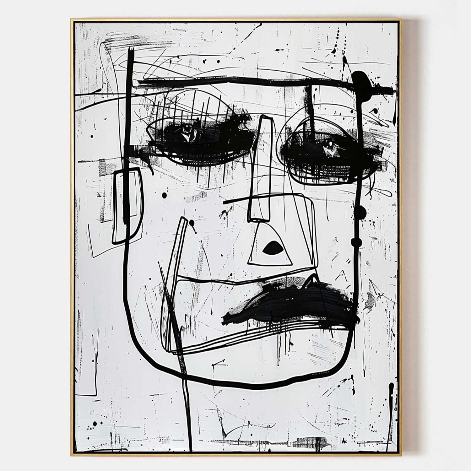 Hand-Painted Black and White Graffiti Face Oil Painting on Canvas – Abstract Expressionist Wall Art 223AA