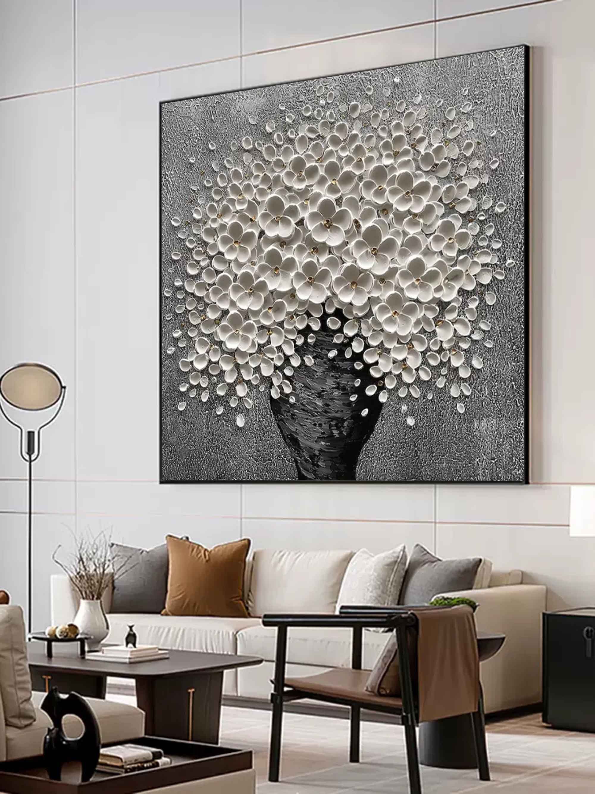 Hand-Painted White Flower Oil Painting on Canvas – Textured Modern Floral Wall Art 212AA