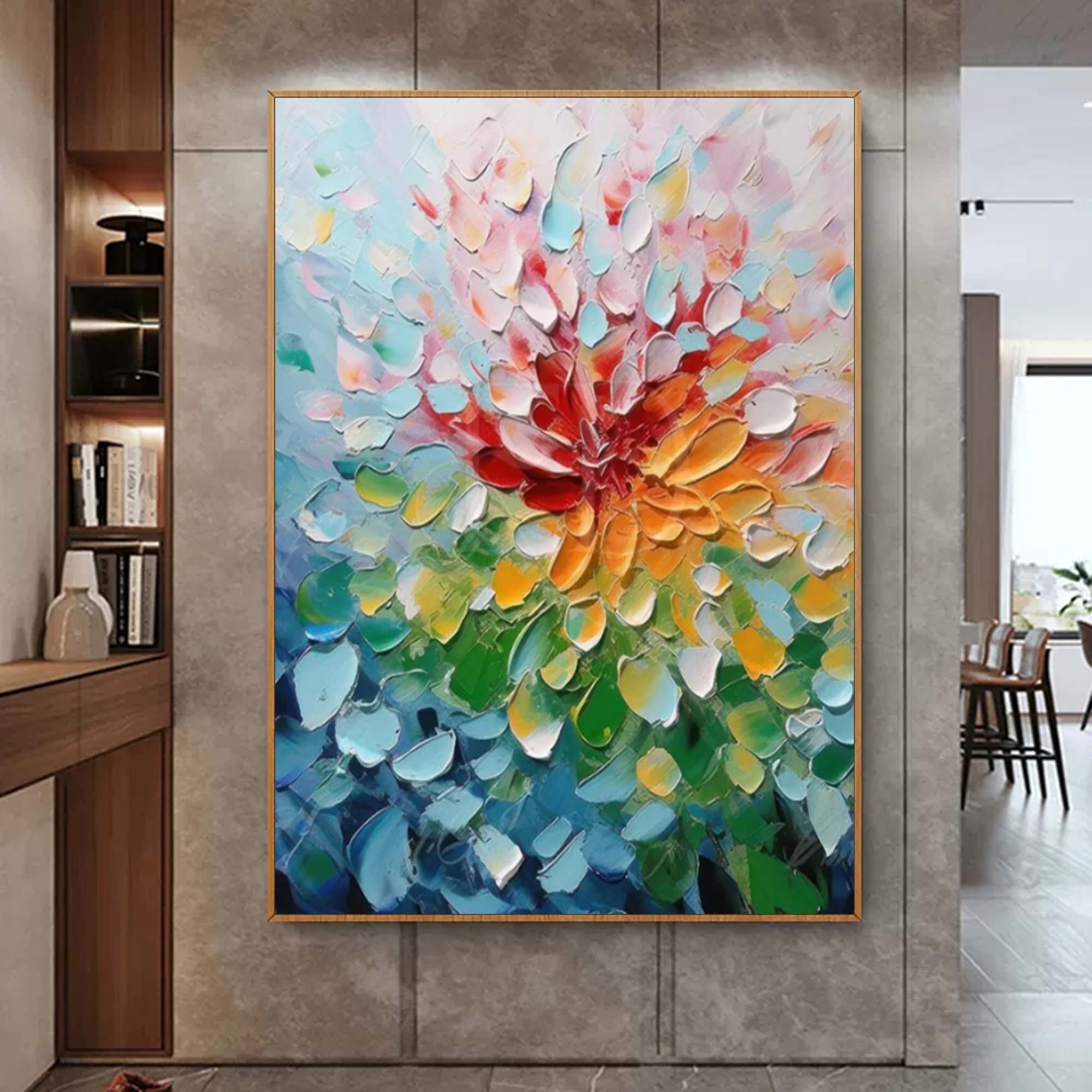 Hand-Painted Colorful Flower Oil Painting on Canvas – Textured Abstract Floral Wall Art 216AA