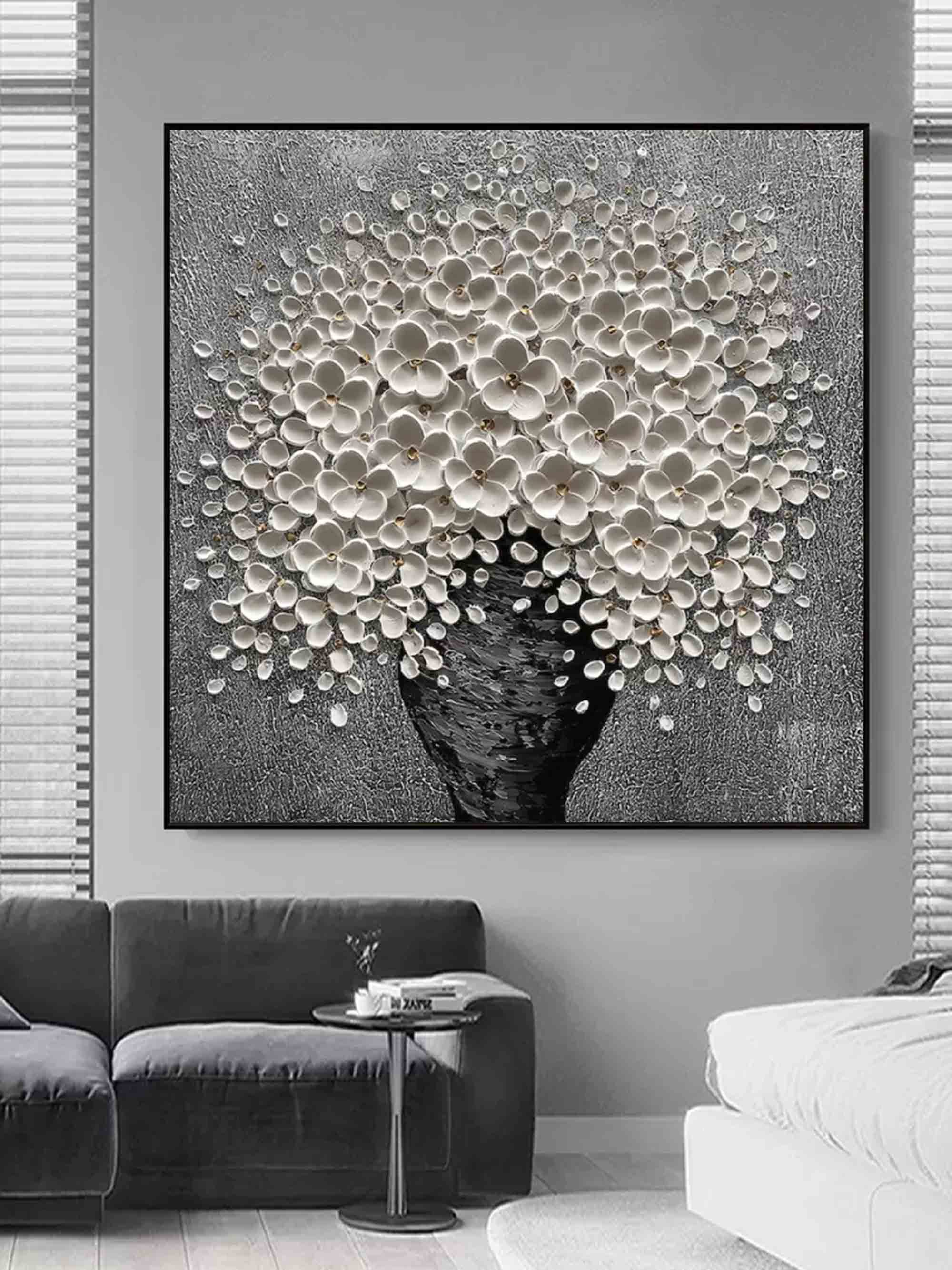 Hand-Painted White Flower Oil Painting on Canvas – Textured Modern Floral Wall Art 212AA