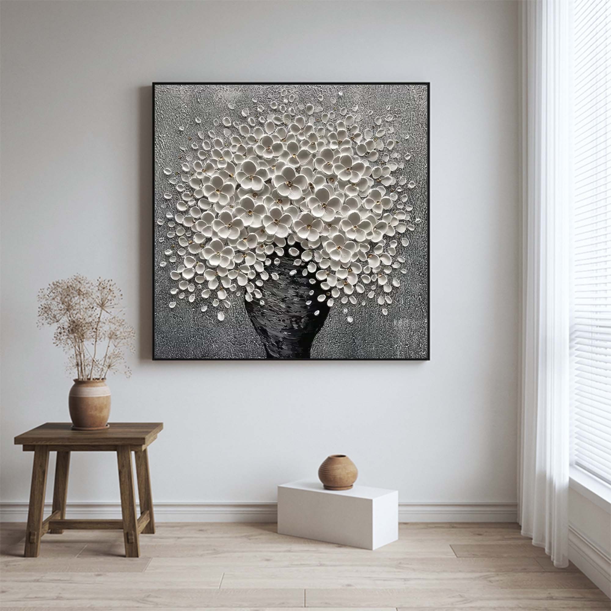 Hand-Painted White Flower Oil Painting on Canvas – Textured Modern Floral Wall Art 212AA
