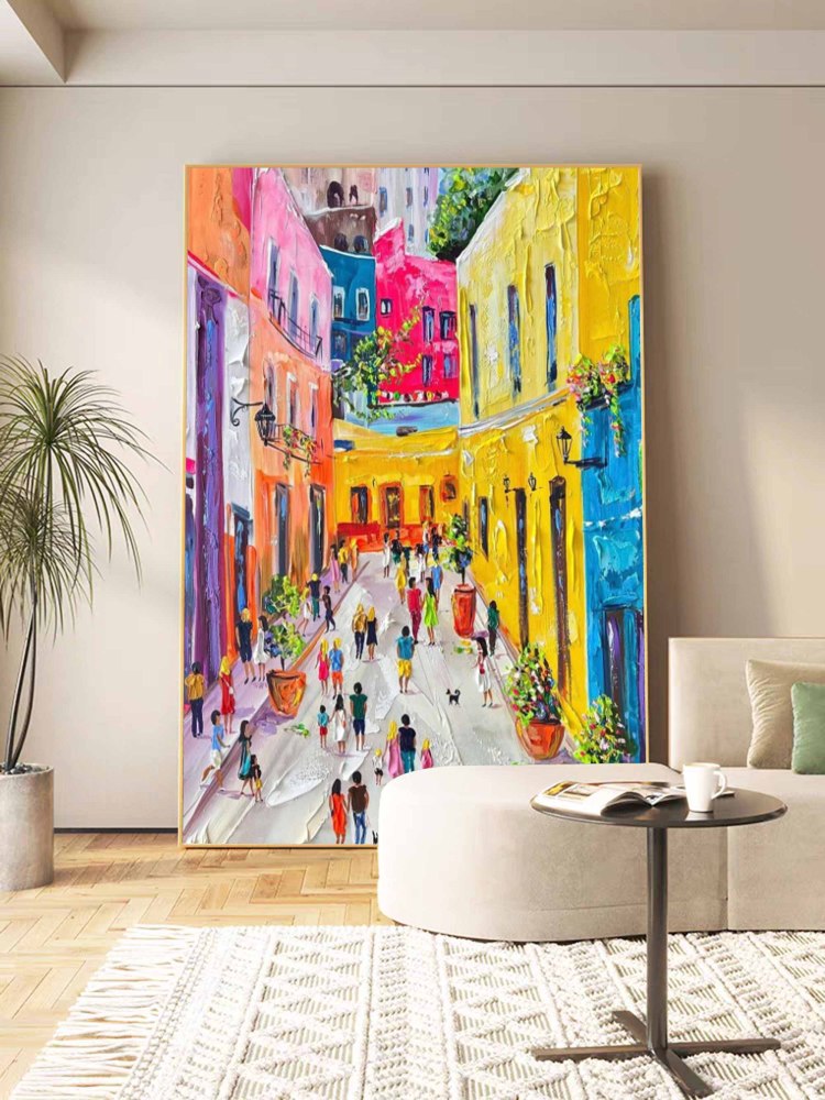 Hand-Painted Colorful Abstract Cityscape Oil Painting on Canvas – Modern Textured Wall Art  211BR