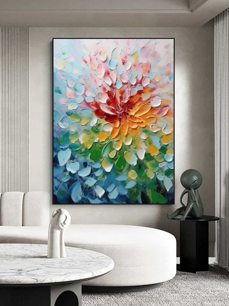 Hand-Painted Colorful Flower Oil Painting on Canvas – Textured Abstract Floral Wall Art 216AA