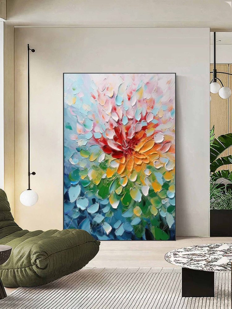 Hand-Painted Colorful Flower Oil Painting on Canvas – Textured Abstract Floral Wall Art 216AA