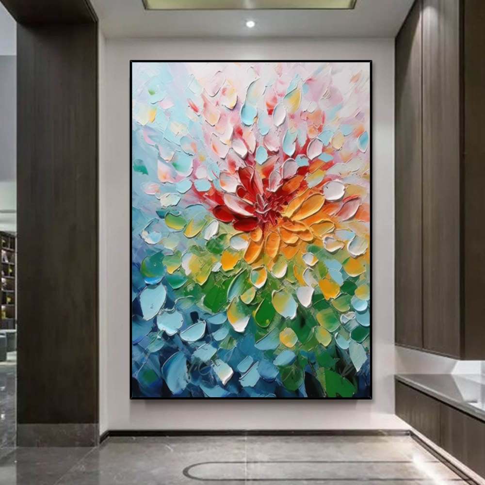 Hand-Painted Colorful Flower Oil Painting on Canvas – Textured Abstract Floral Wall Art 216AA