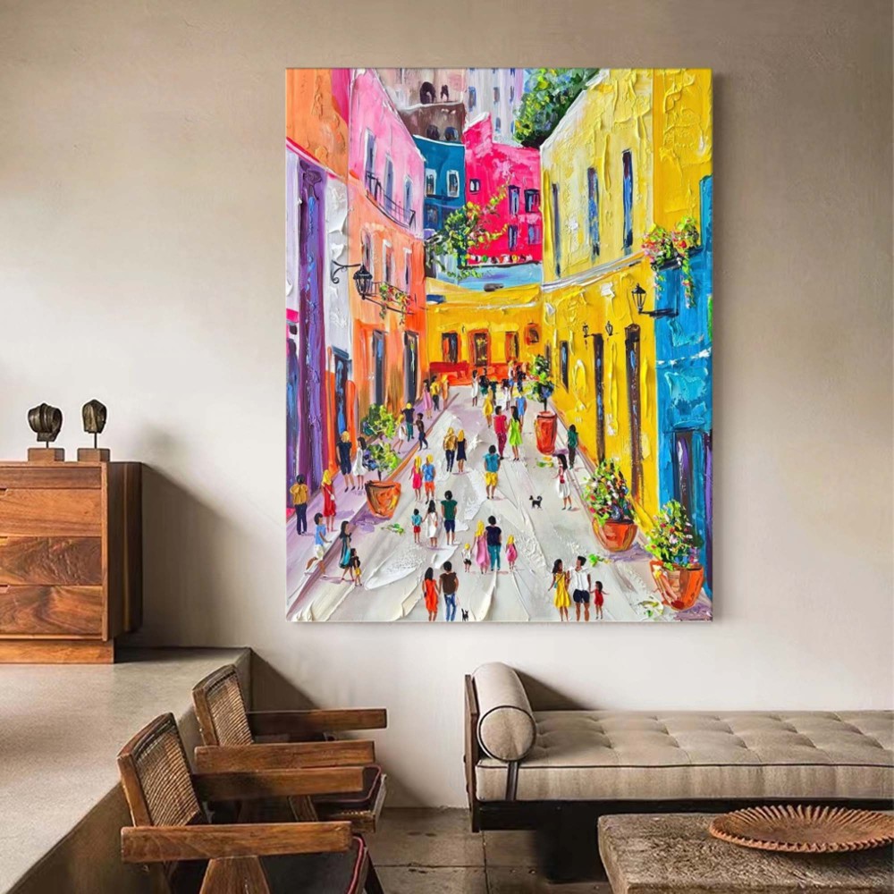 Hand-Painted Colorful Abstract Cityscape Oil Painting on Canvas – Modern Textured Wall Art  211BR