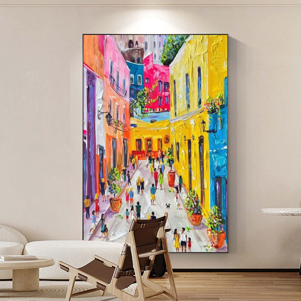 Hand-Painted Colorful Abstract Cityscape Oil Painting on Canvas – Modern Textured Wall Art  211BR