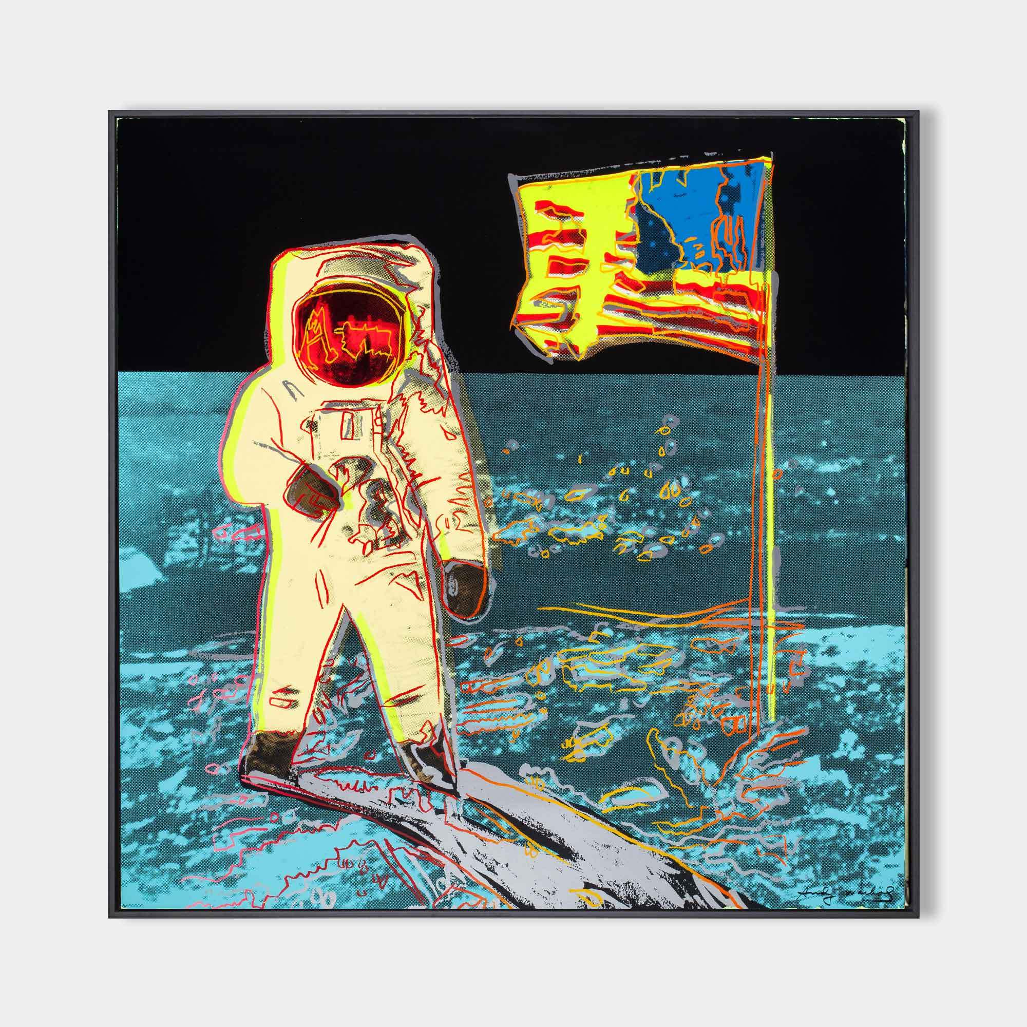 Andy Warhol Moonwalk Oil Painting on Canvas – Pop Art Astronaut & American Flag Wall Art 227BR
