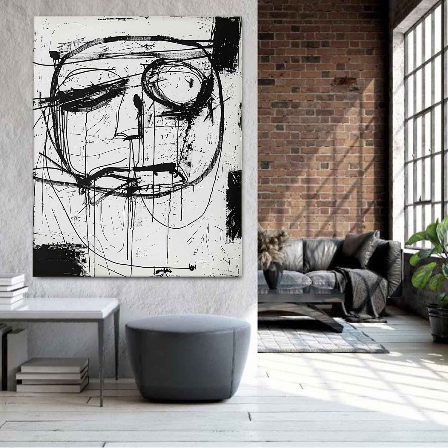 Hand-Painted Black and White Abstract Face Oil Painting on Canvas – Graffiti Expressionist Wall Art 222AA