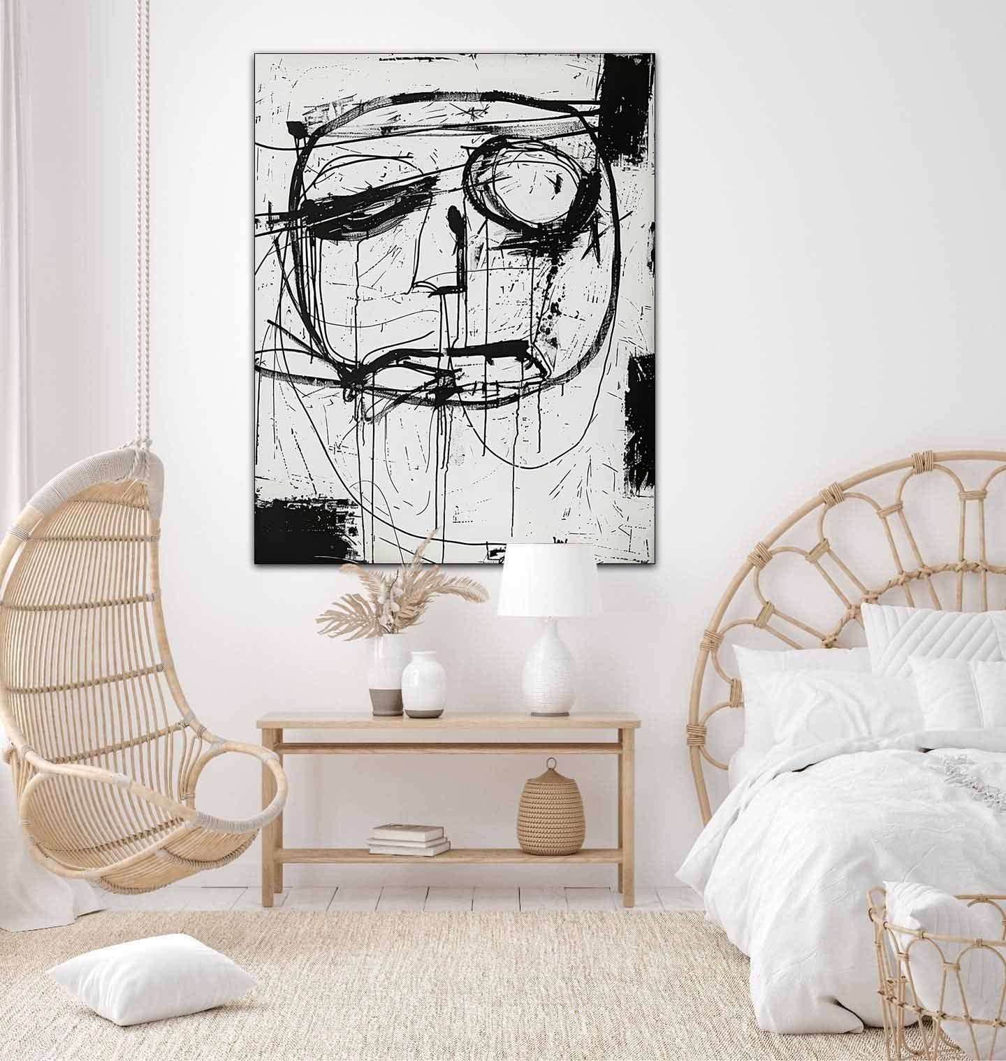 Hand-Painted Black and White Abstract Face Oil Painting on Canvas – Graffiti Expressionist Wall Art 222AA