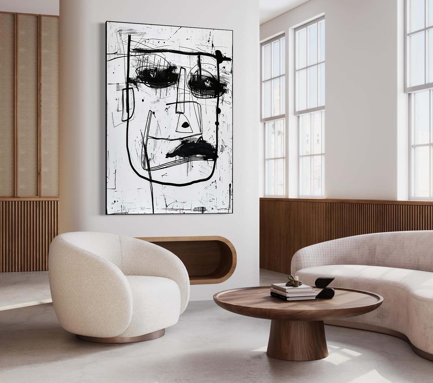 Hand-Painted Black and White Graffiti Face Oil Painting on Canvas – Abstract Expressionist Wall Art 223AA