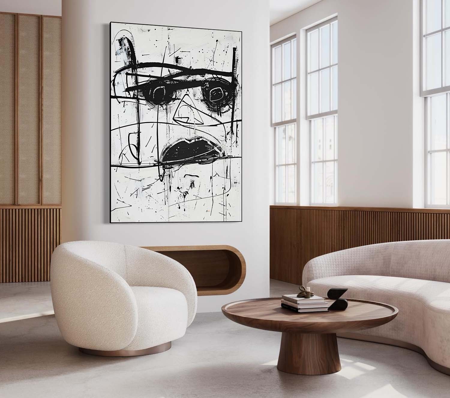 Hand-Painted Black and White Graffiti Portrait Oil Painting on Canvas – Abstract Expressionist Street Art 224AA