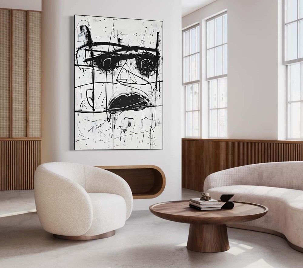 Hand-Painted Black and White Graffiti Portrait Oil Painting on Canvas – Abstract Expressionist Street Art 224AA