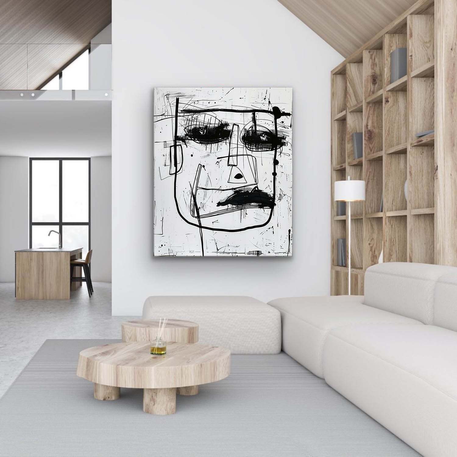 Hand-Painted Black and White Graffiti Face Oil Painting on Canvas – Abstract Expressionist Wall Art 223AA