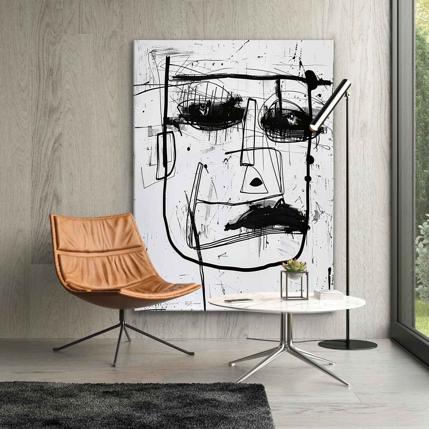 Hand-Painted Black and White Graffiti Face Oil Painting on Canvas – Abstract Expressionist Wall Art 223AA