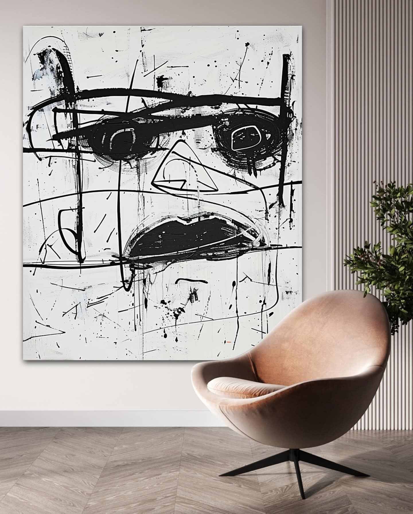 Hand-Painted Black and White Graffiti Portrait Oil Painting on Canvas – Abstract Expressionist Street Art 224AA
