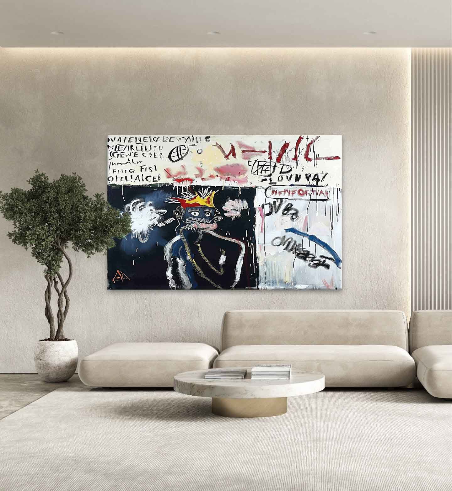 Hand-Painted Graffiti Crown Portrait Oil Painting on Canvas – Neo-Expressionist Street Art Wall Decor 220AA