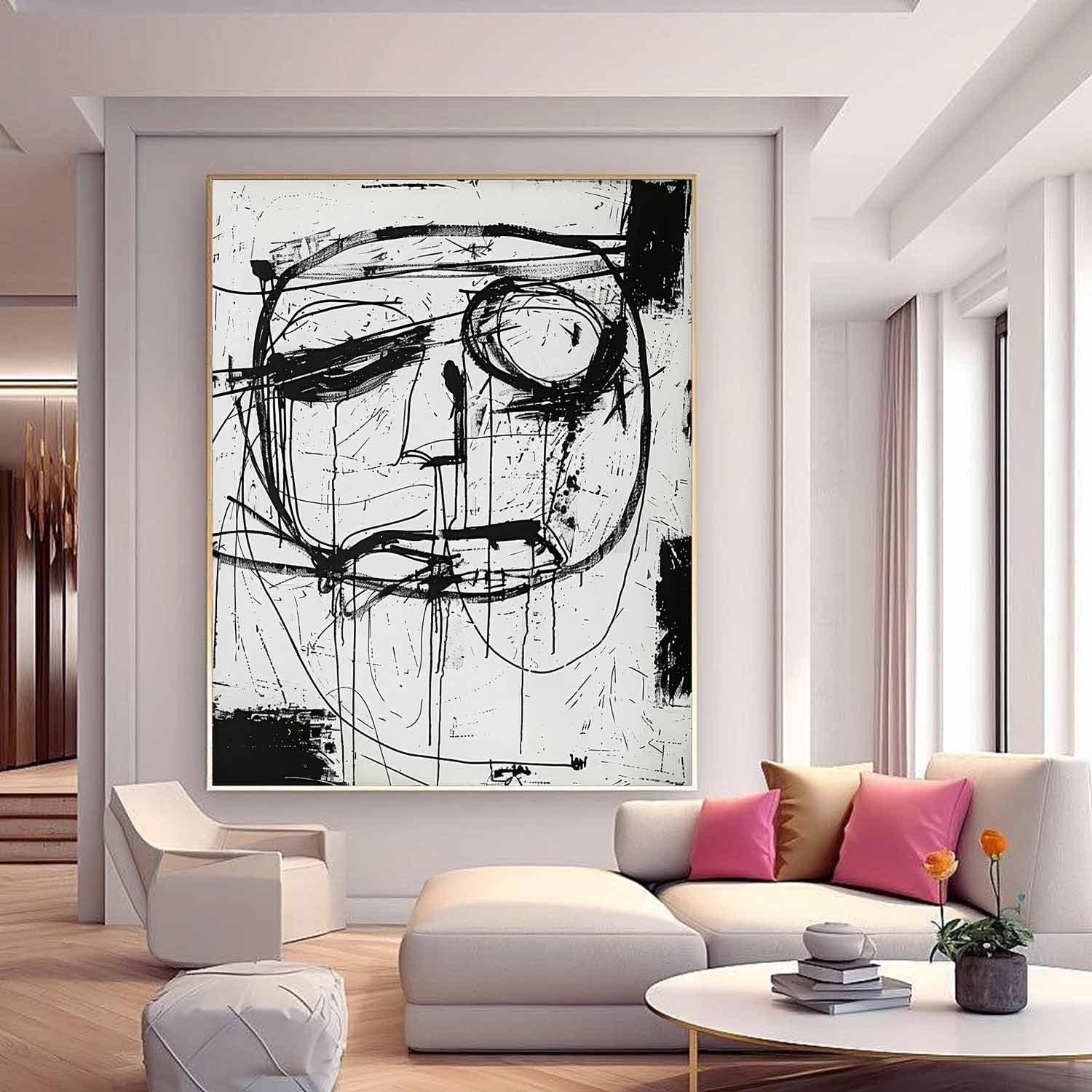 Hand-Painted Black and White Abstract Face Oil Painting on Canvas – Graffiti Expressionist Wall Art 222AA