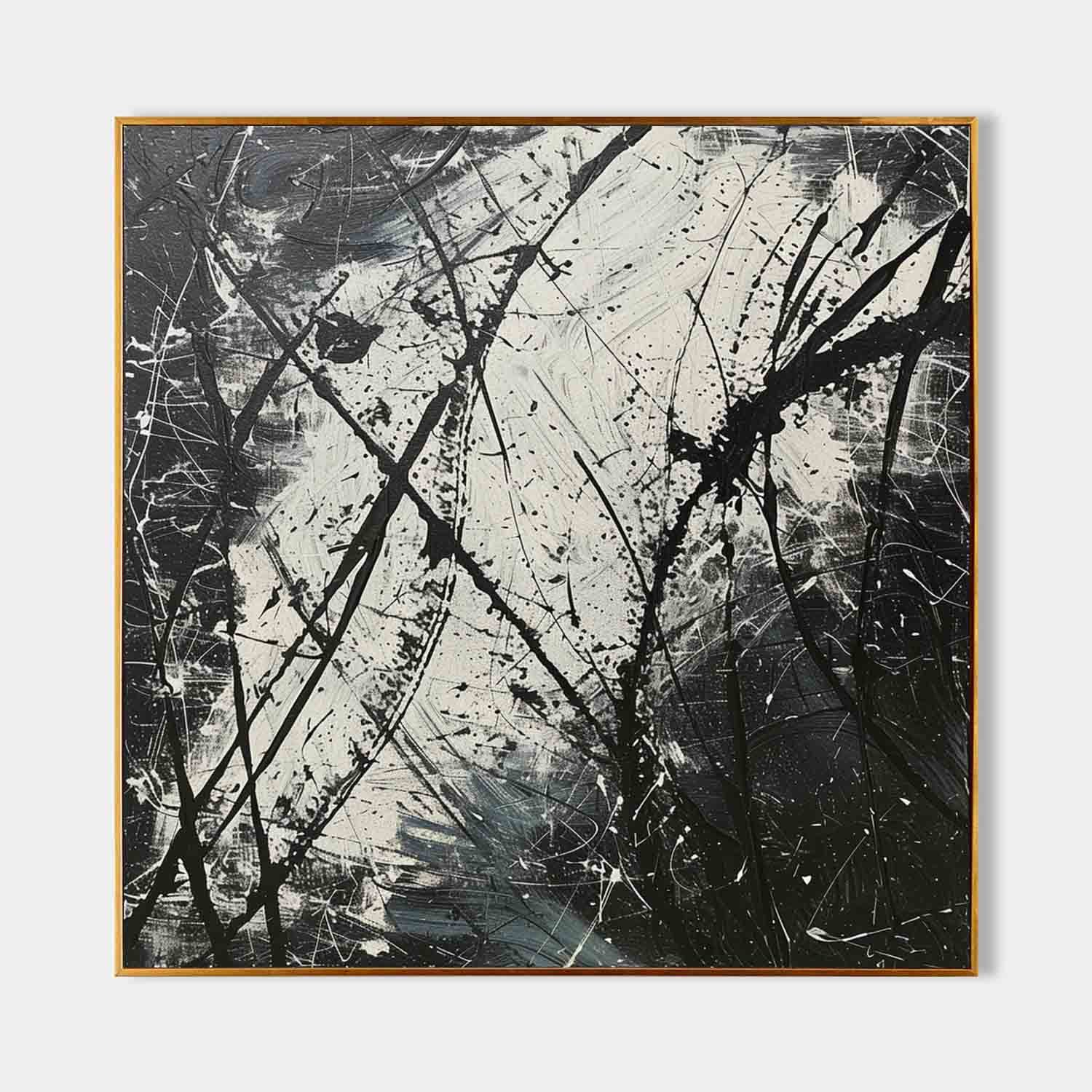 Pollock Inspired Black and White Abstract Expressionism Oil Painting – Hand-Painted Canvas Art 238