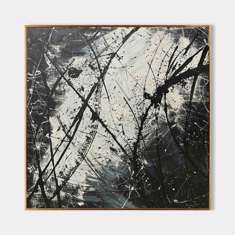 Pollock Inspired Black and White Abstract Expressionism Oil Painting – Hand-Painted Canvas Art 238