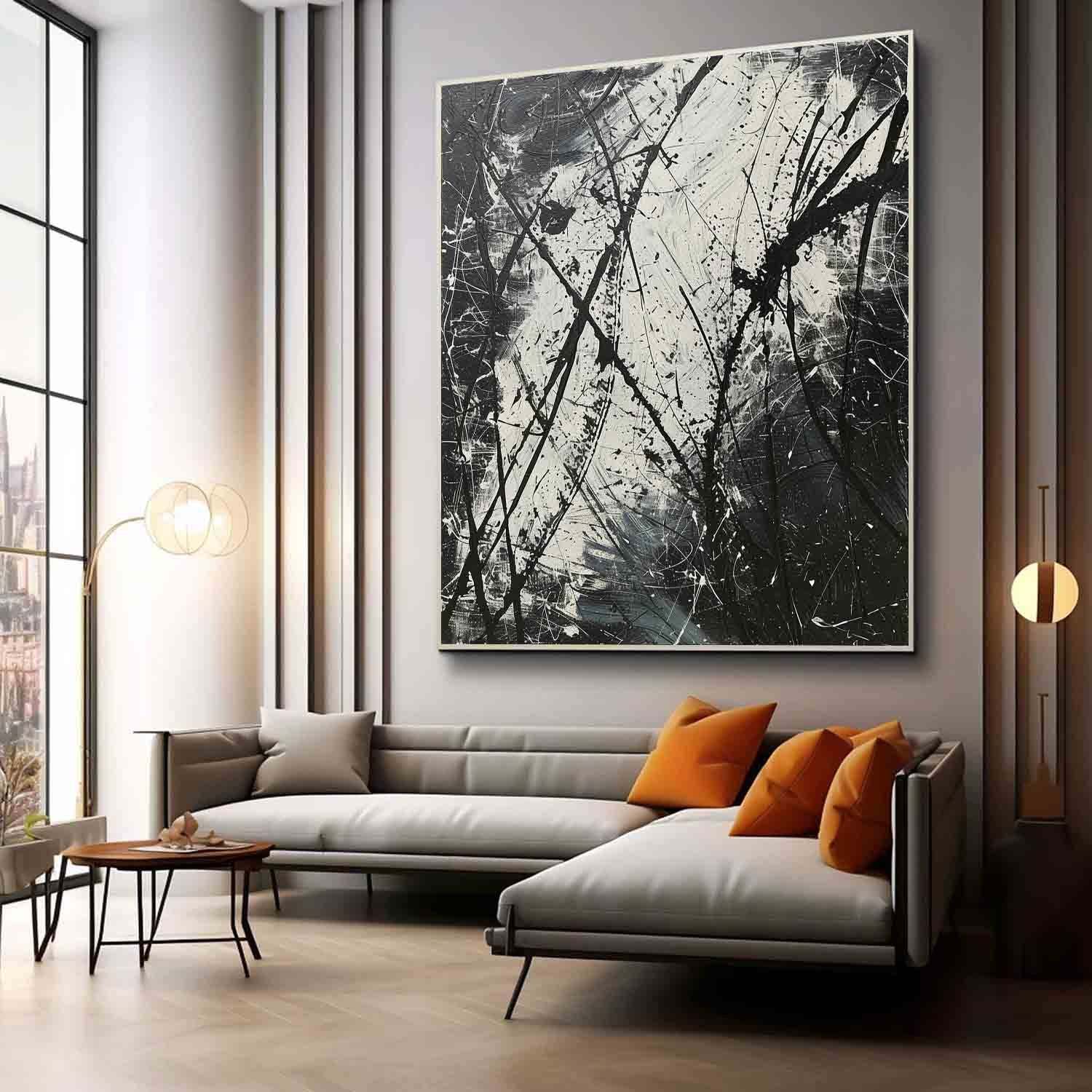 Pollock Inspired Black and White Abstract Expressionism Oil Painting – Hand-Painted Canvas Art 238