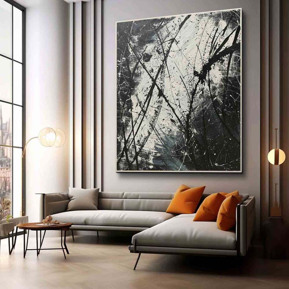 Pollock Inspired Black and White Abstract Expressionism Oil Painting – Hand-Painted Canvas Art 238