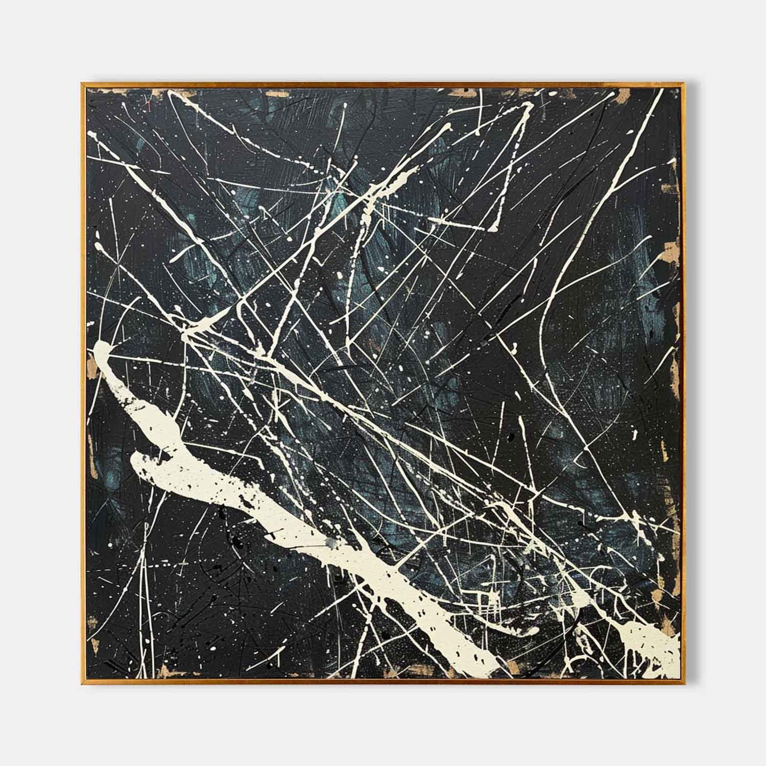 Pollock Inspired Abstract Expressionism Oil Painting – Black Canvas with White Drip Lines 243AA