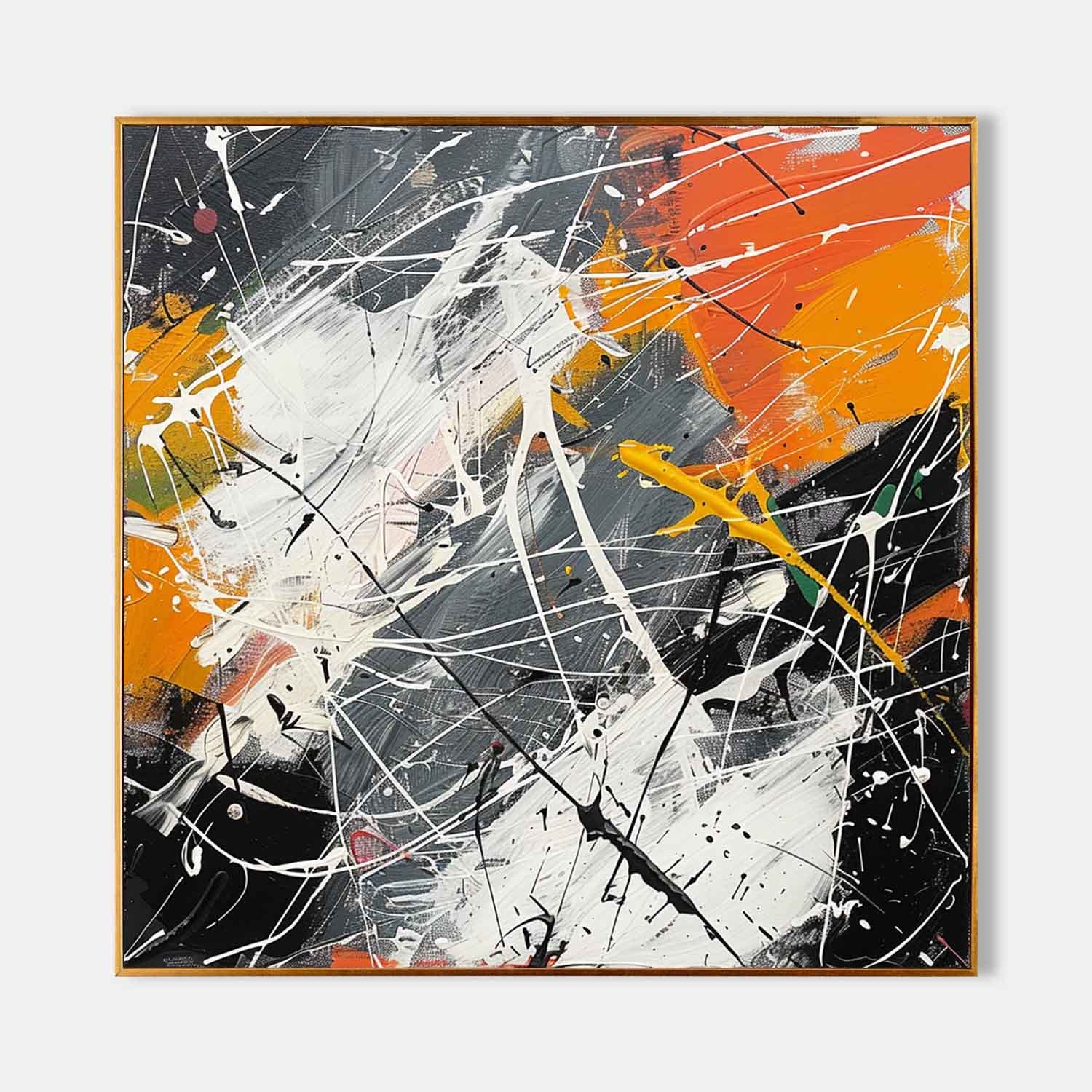 Pollock Inspired Abstract Expressionism Oil Painting – Orange, White and Black Splatter Canvas 239AA