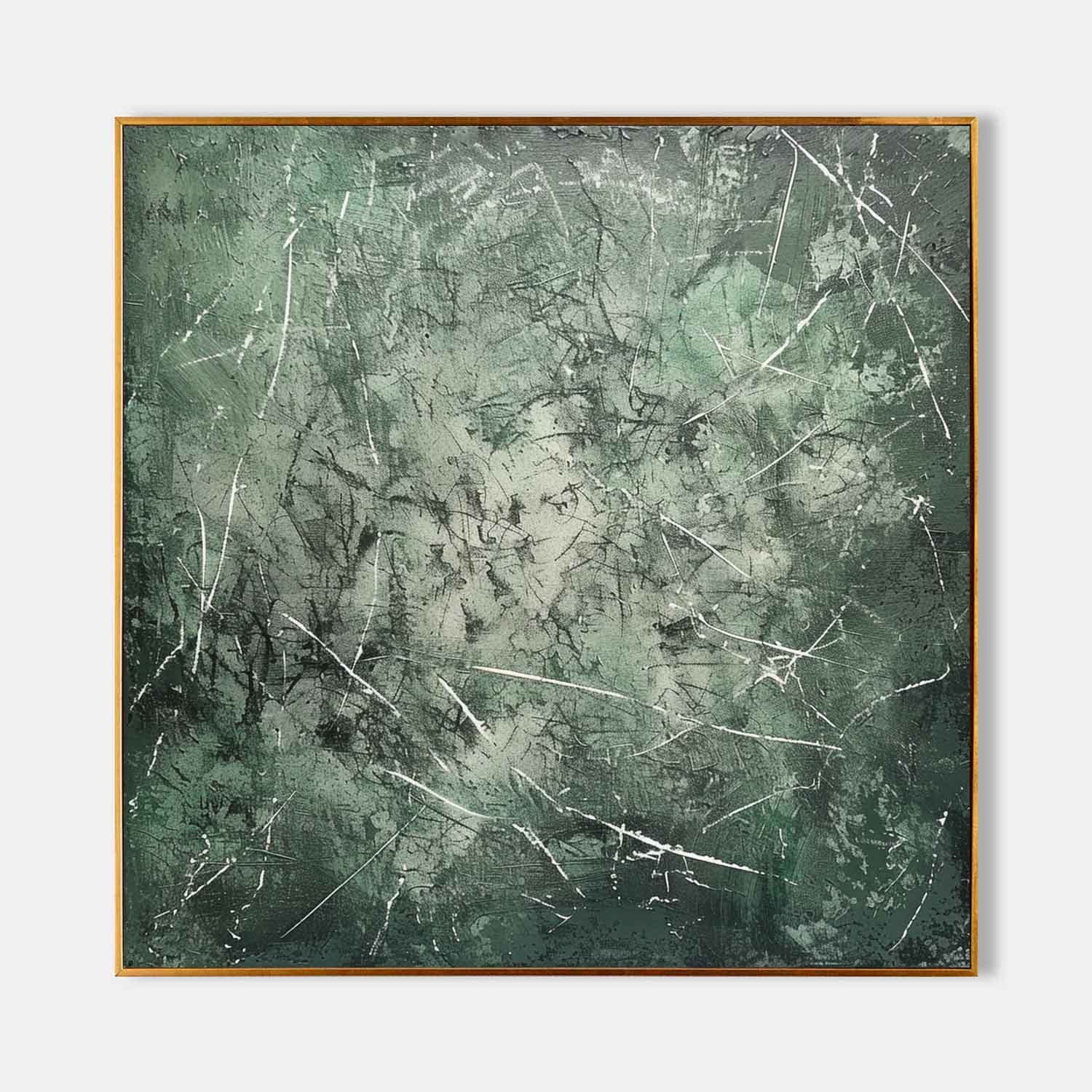 Pollock Inspired Abstract Expressionism Oil Painting – Dark Green and White Canvas Art 245AA