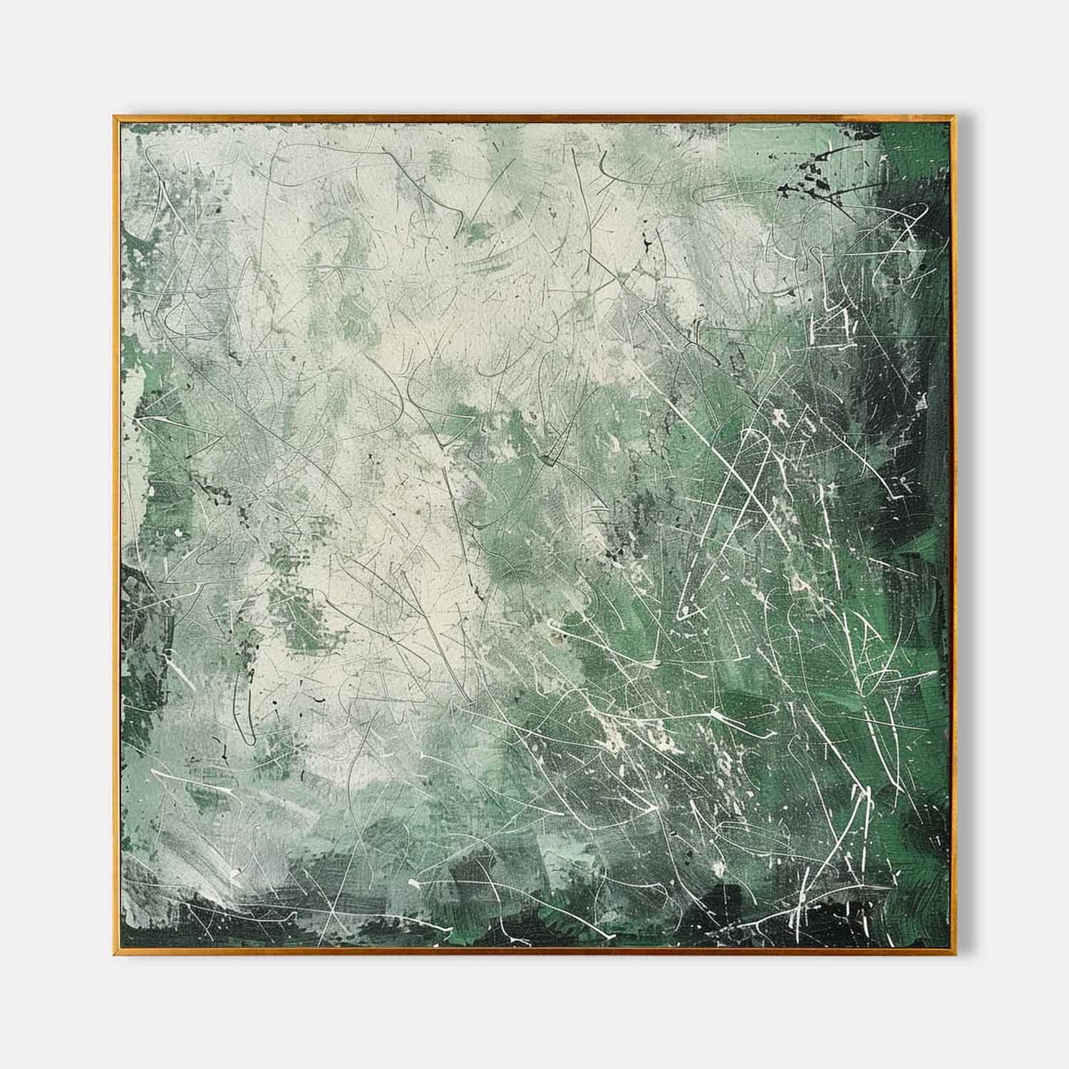 Pollock Inspired Abstract Expressionism Oil Painting – Green and White Canvas Art 244AA