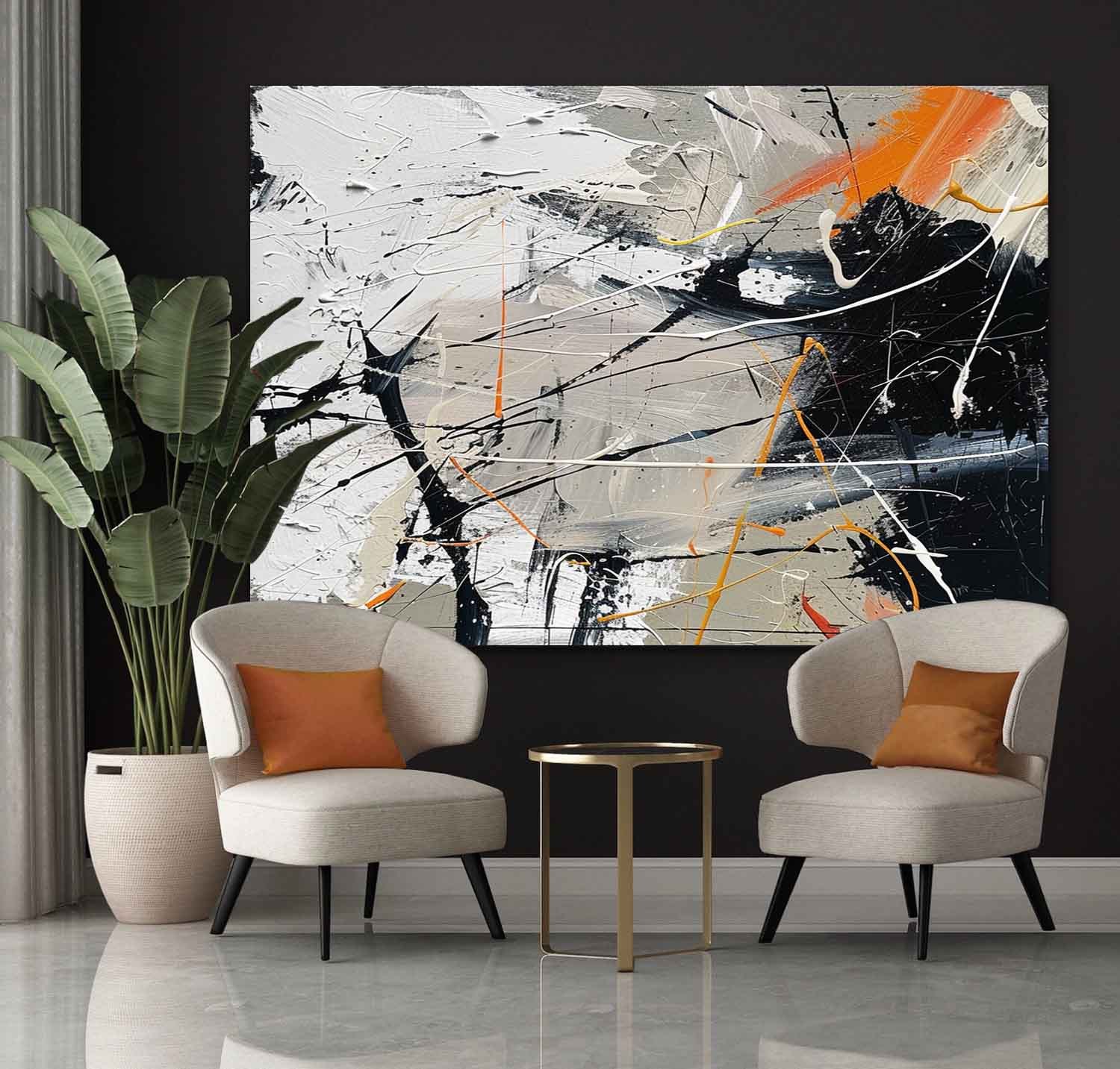 Pollock Inspired Abstract Expressionism Oil Painting – Grey, White and Orange Canvas Art  242AA