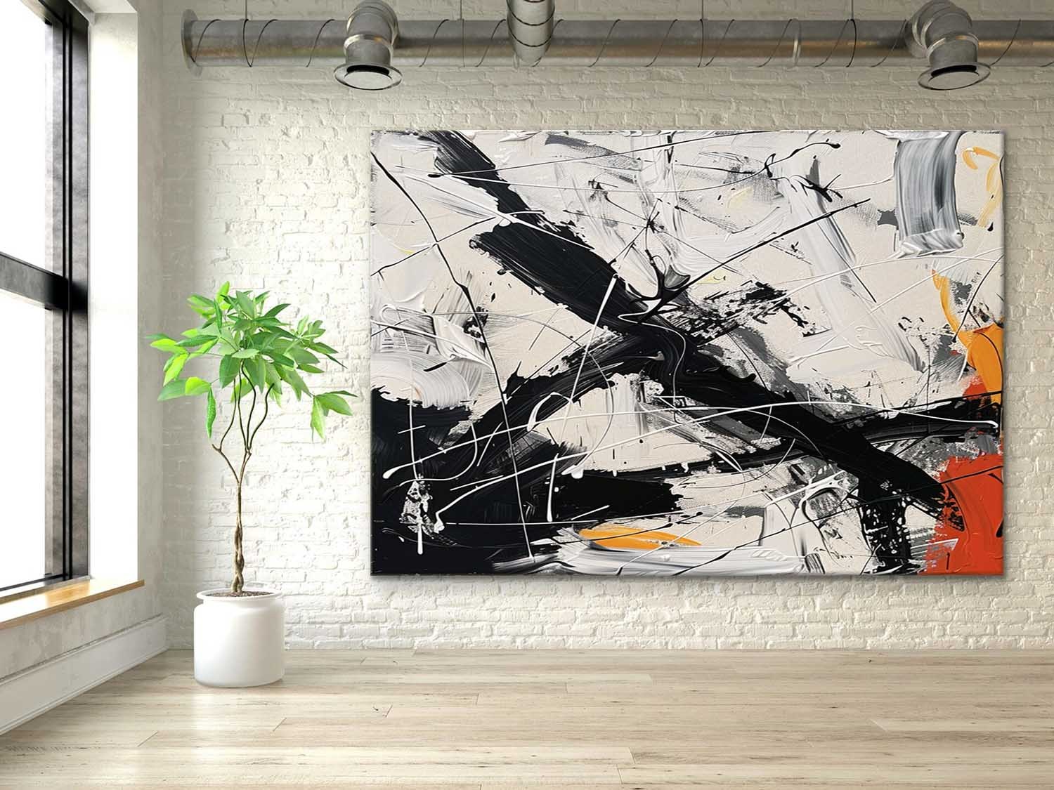 Pollock Inspired Abstract Expressionism Oil Painting – Black, White and Orange Canvas Art  241AA