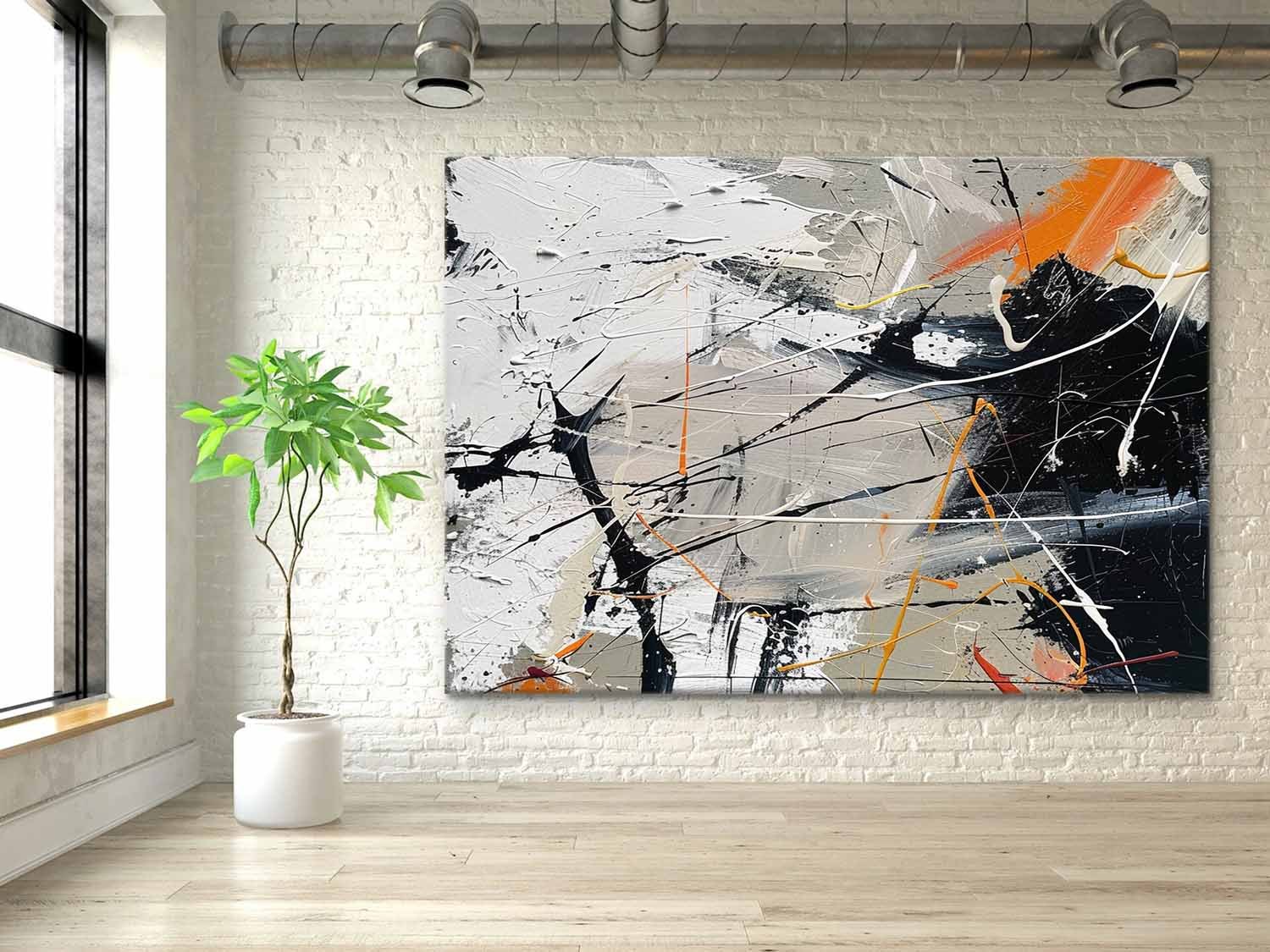 Pollock Inspired Abstract Expressionism Oil Painting – Grey, White and Orange Canvas Art  242AA