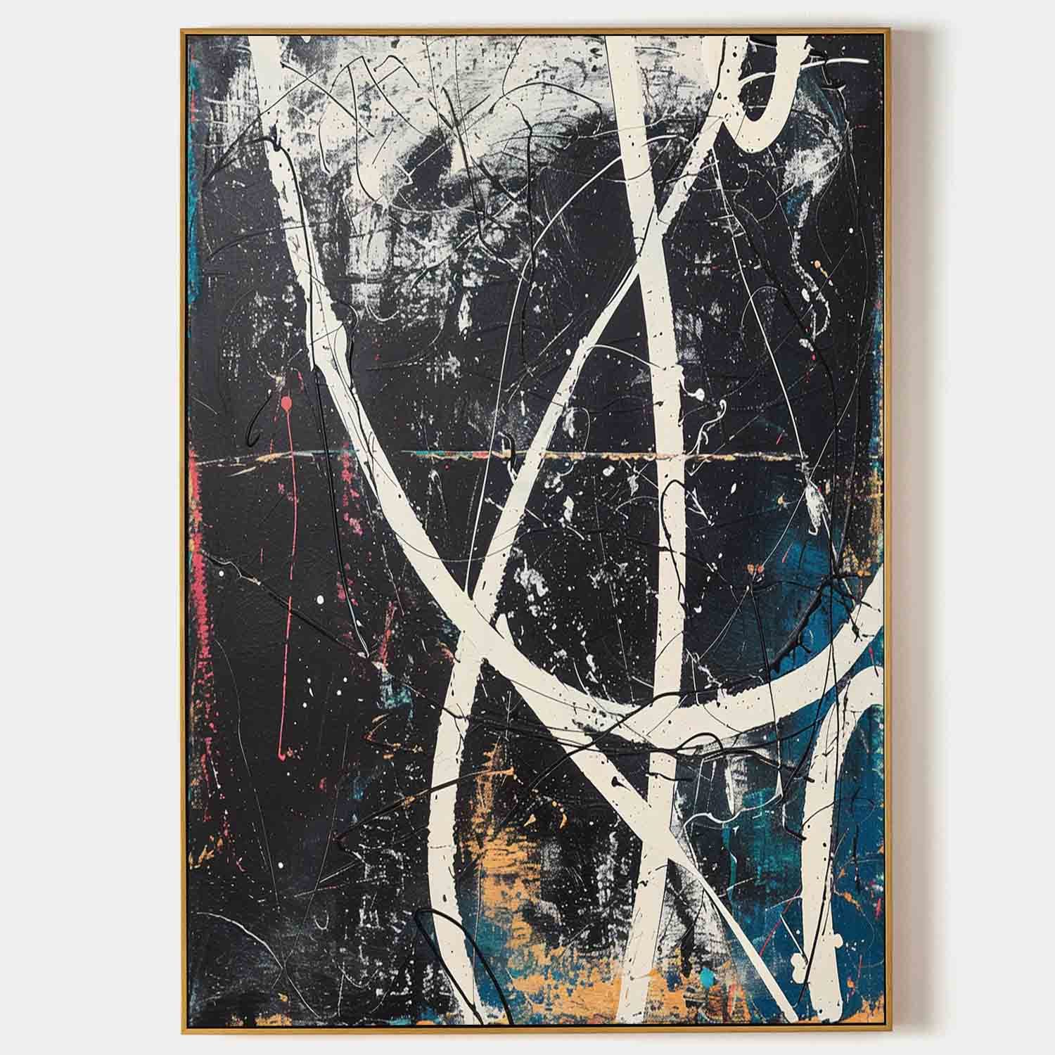 Pollock Inspired Abstract Expressionism Oil Painting – Black, White and Blue Canvas Art 240AA